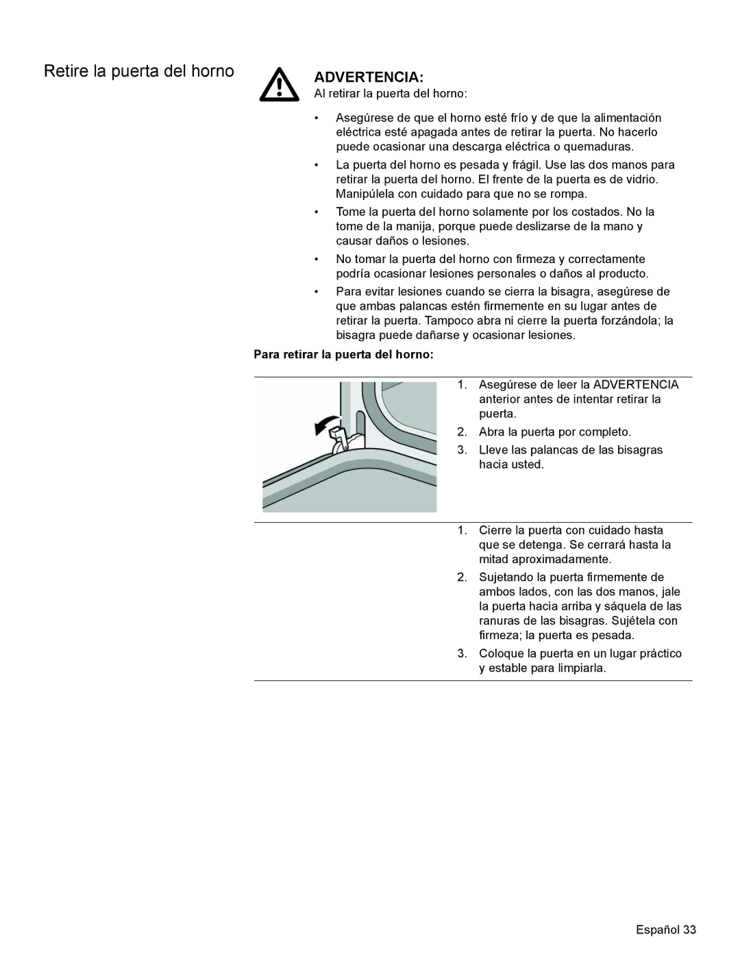 Bosch Appliances HBL35, HBN34, HBN35 manual Retire la puerta del horno, Para retirar la puerta del horno 