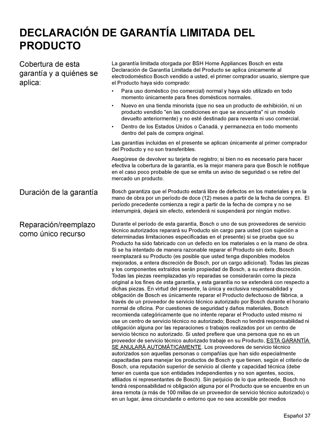 Bosch Appliances HBN35, HBN34, HBL35 manual Declaración DE Garantía Limitada DEL Producto 