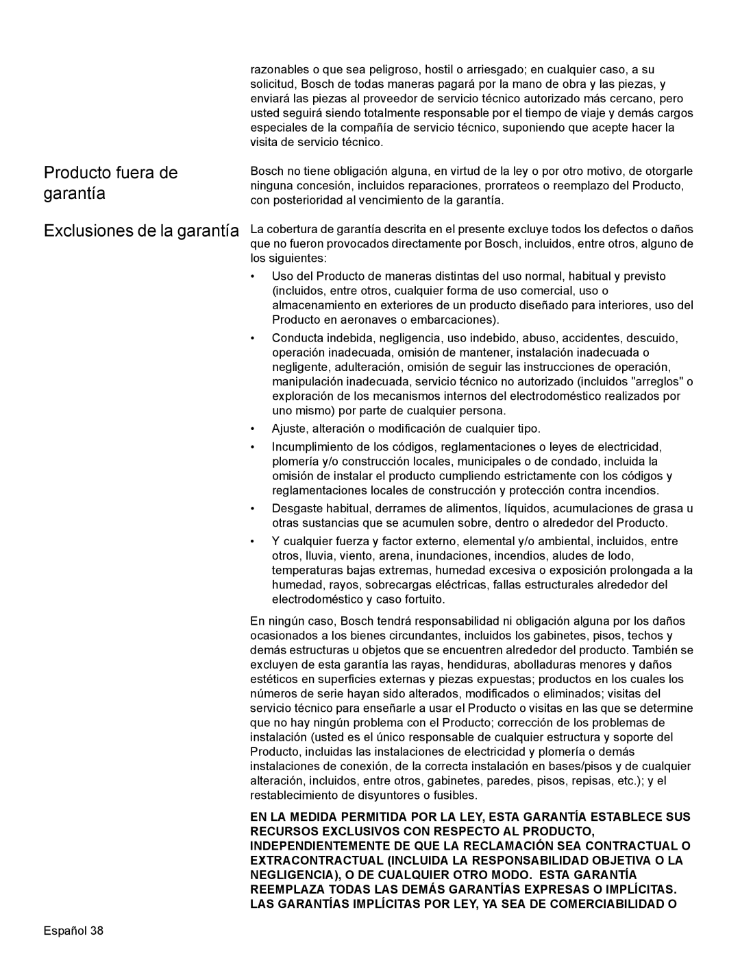 Bosch Appliances HBN34, HBL35, HBN35 manual Producto fuera de garantía Exclusiones de la garantía 