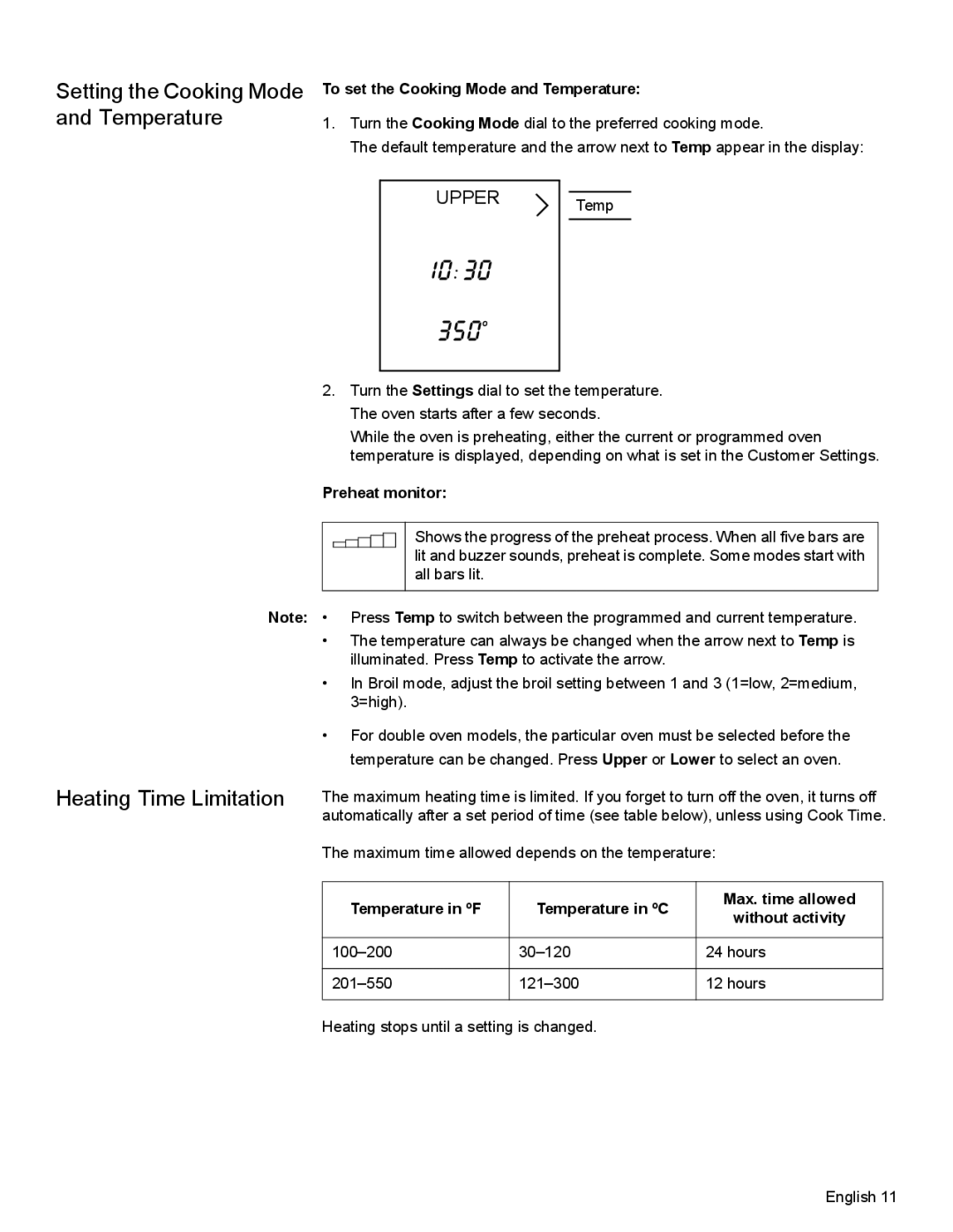 Bosch Appliances HBN35, HBN34, HBL35 manual Setting the Cooking Mode and Temperature, Heating Time Limitation 