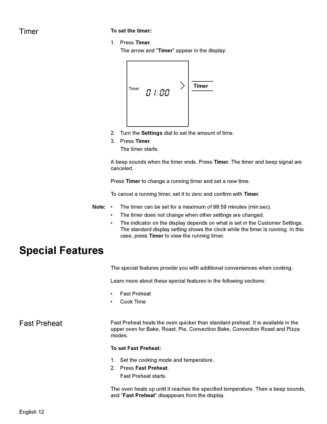 Bosch Appliances HBN34, HBL35, HBN35 manual Special Features, Timer, Fast Preheat 