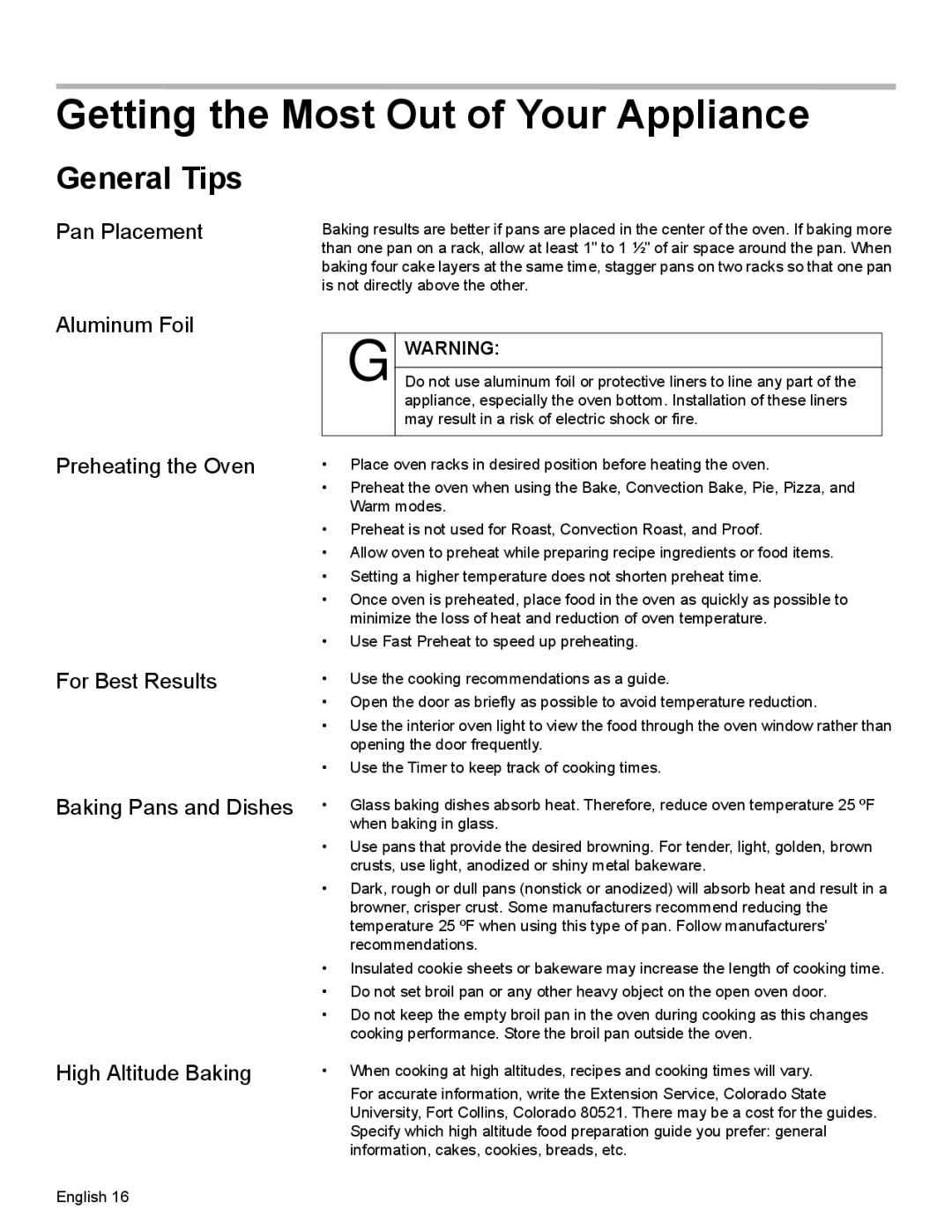 Bosch Appliances HBL35, HBN34, HBN35 Getting the Most Out of Your Appliance, General Tips, Pan Placement, Aluminum Foil 