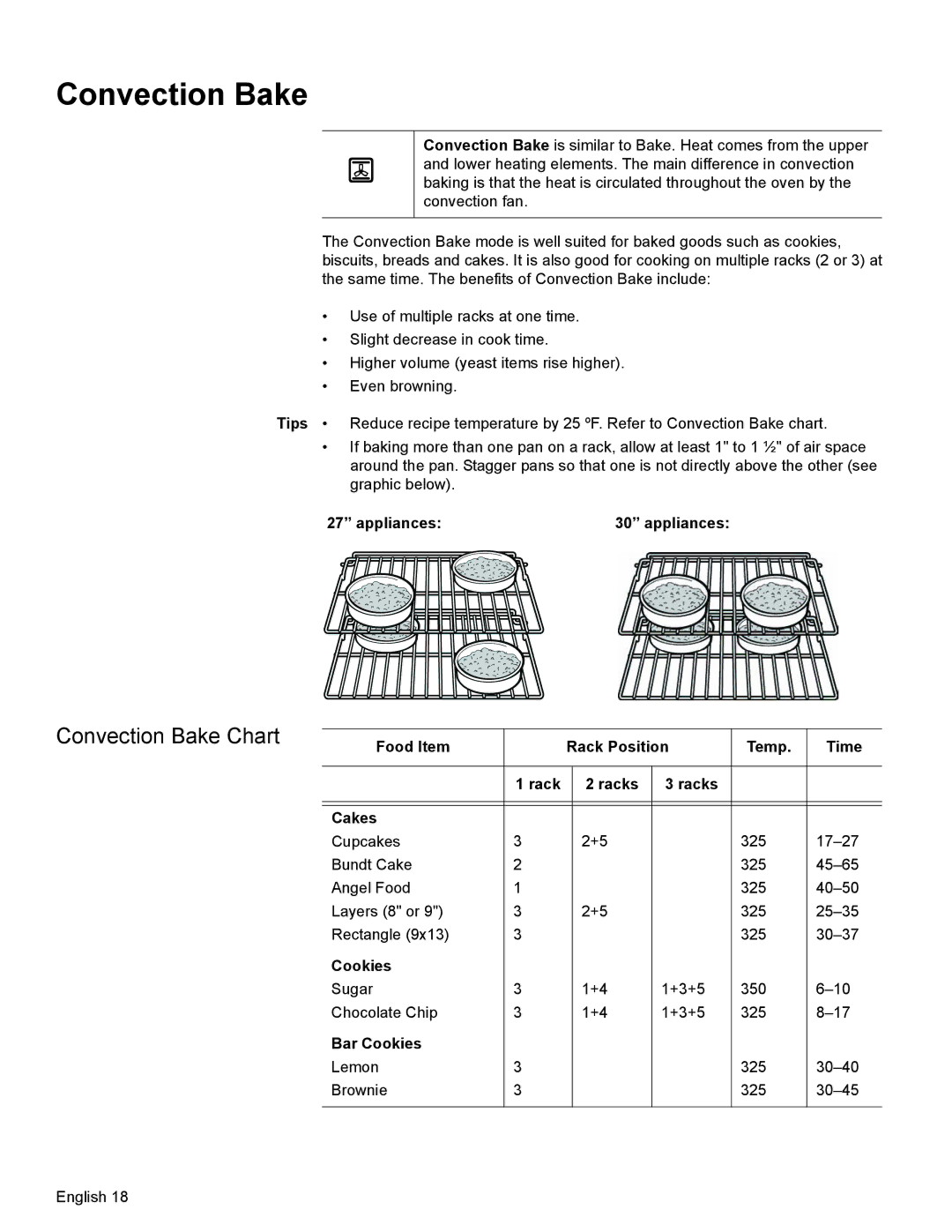 Bosch Appliances HBN34, HBL35 Convection Bake Chart, Food Item Rack Position Temp Time Racks Cakes, Bar Cookies 