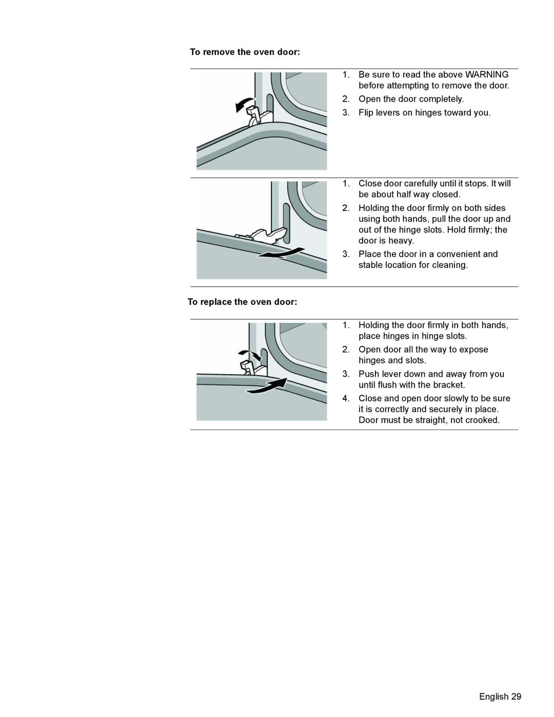 Bosch Appliances HBN35, HBN34, HBL35 manual To remove the oven door, To replace the oven door 