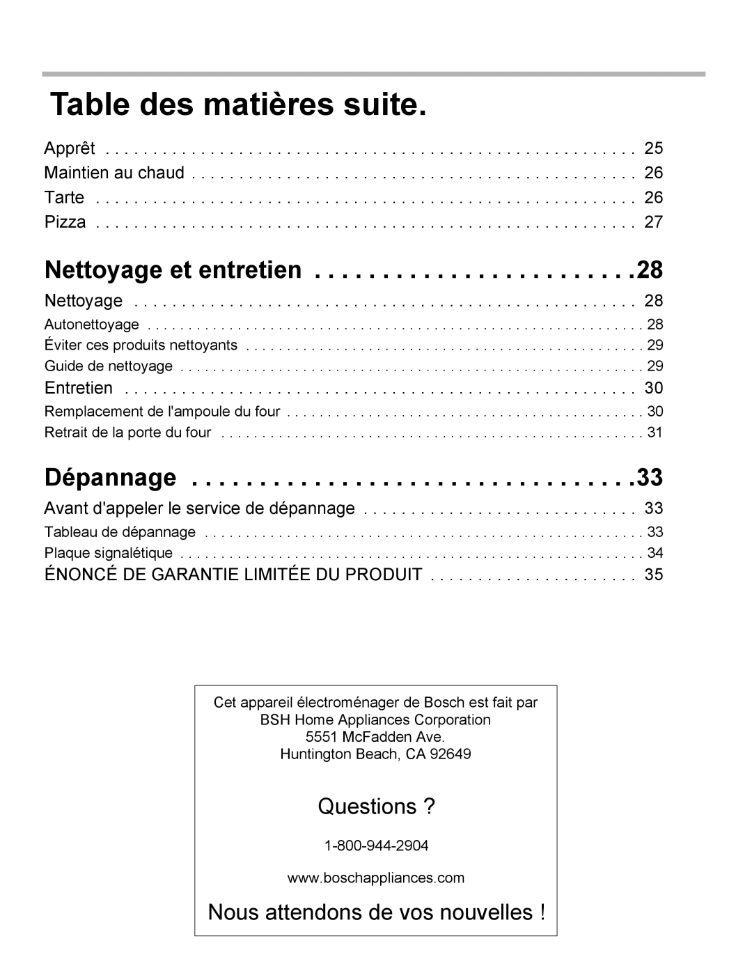 Bosch Appliances HBN34, HBL35, HBN35 manual Table des matières suite, Nettoyage et entretien, Dépannage 