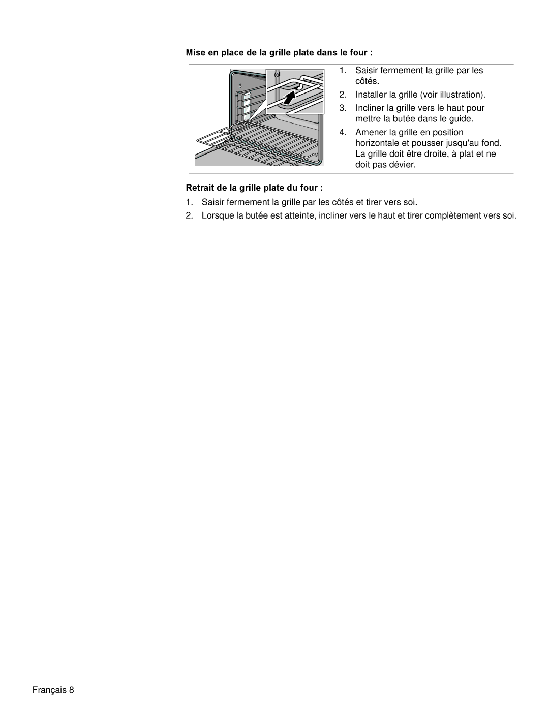 Bosch Appliances HBN35, HBN34, HBL35 manual Mise en place de la grille plate dans le four, Retrait de la grille plate du four 