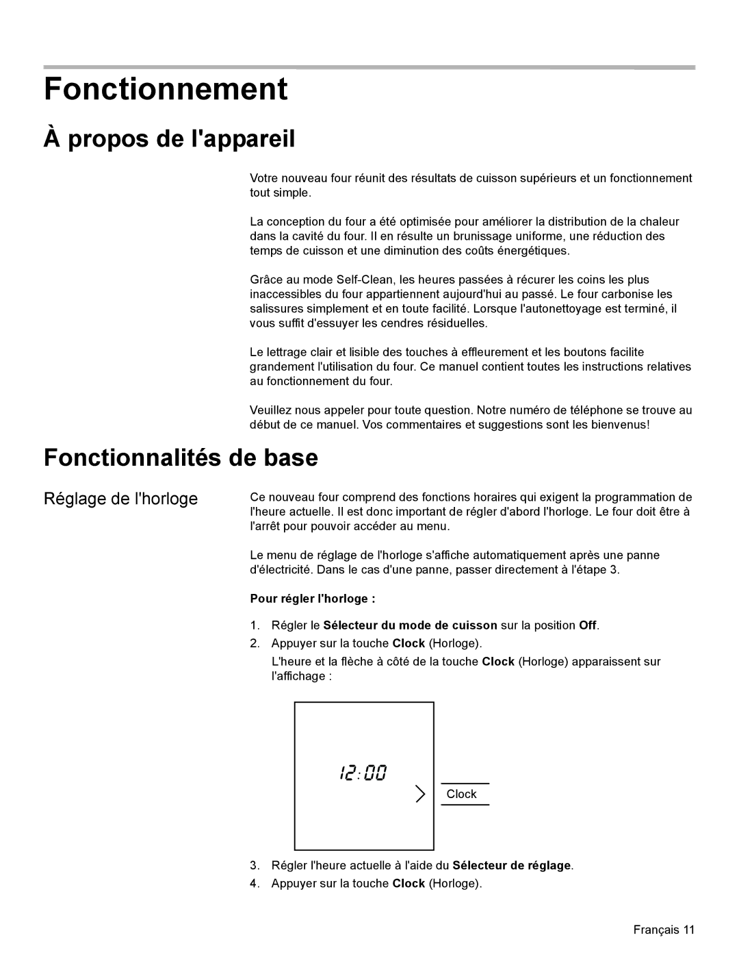 Bosch Appliances HBN35, HBN34, HBL35 manual Fonctionnement, Propos de lappareil, Fonctionnalités de base, Réglage de lhorloge 