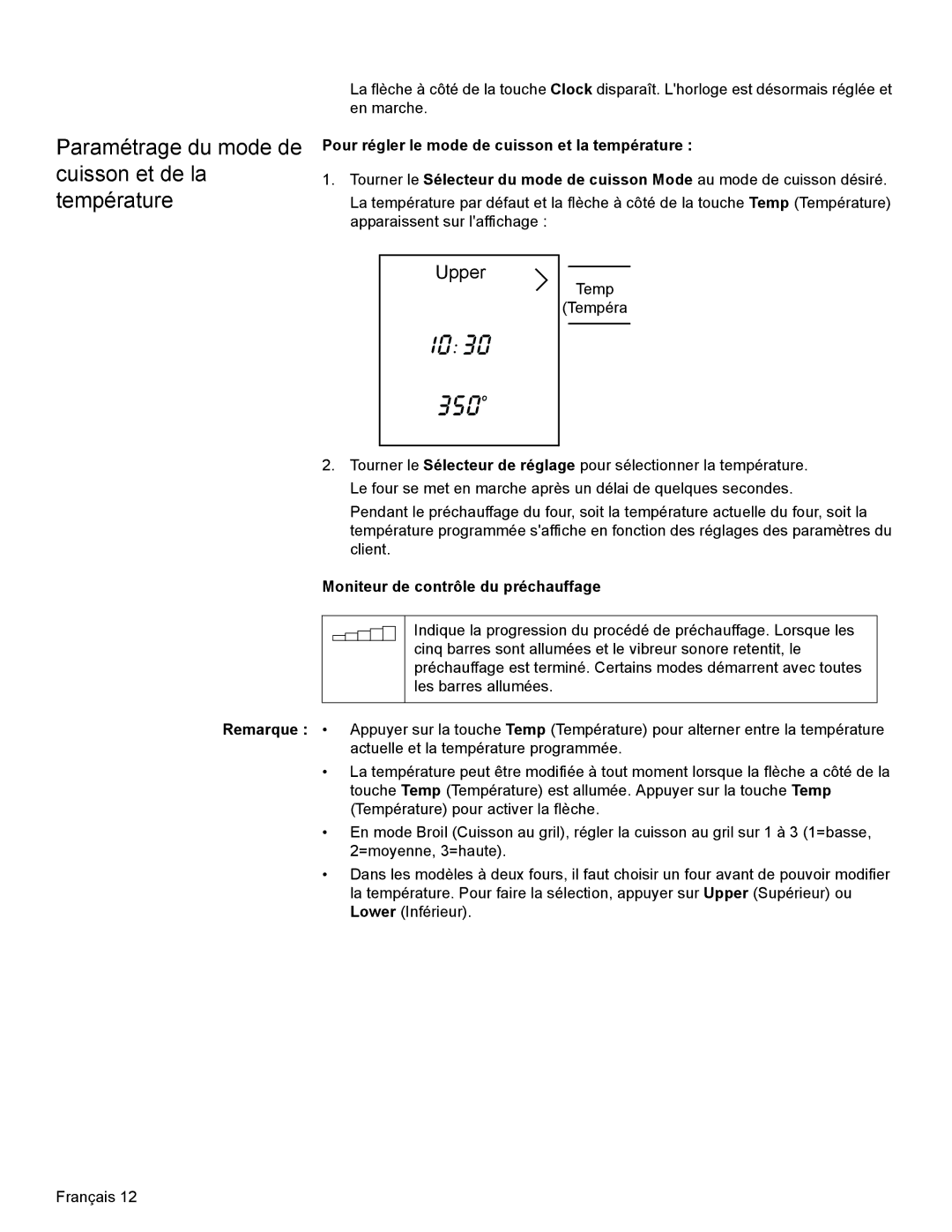 Bosch Appliances HBN34, HBL35 Paramétrage du mode de cuisson et de la température, Moniteur de contrôle du préchauffage 