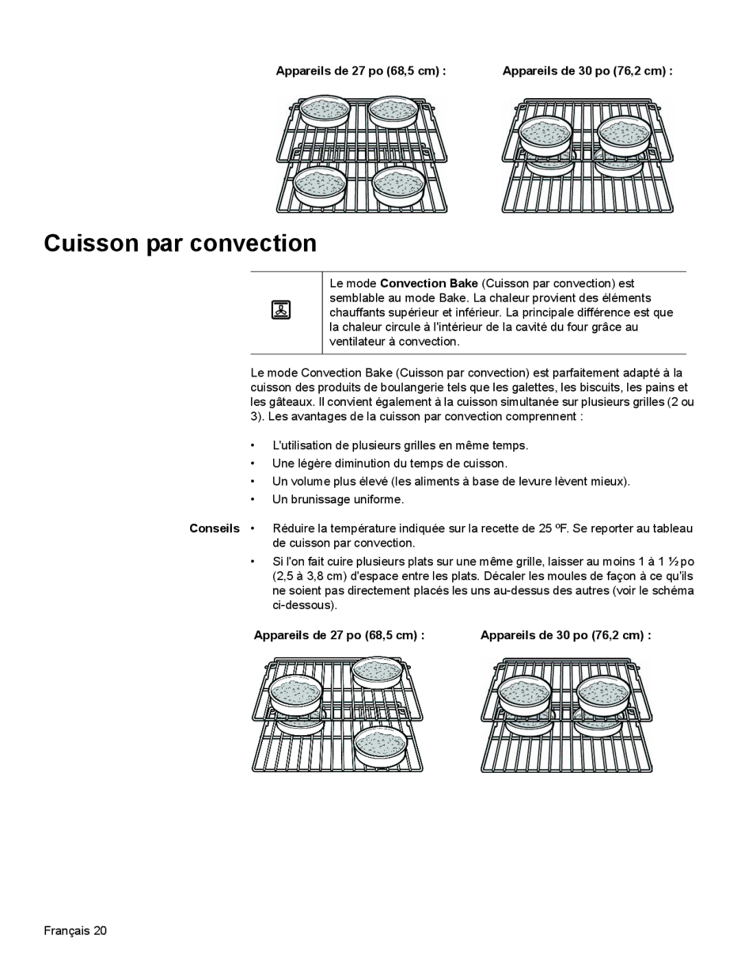 Bosch Appliances HBN35, HBN34, HBL35 manual Cuisson par convection, Appareils de 27 po 68,5 cm Appareils de 30 po 76,2 cm 