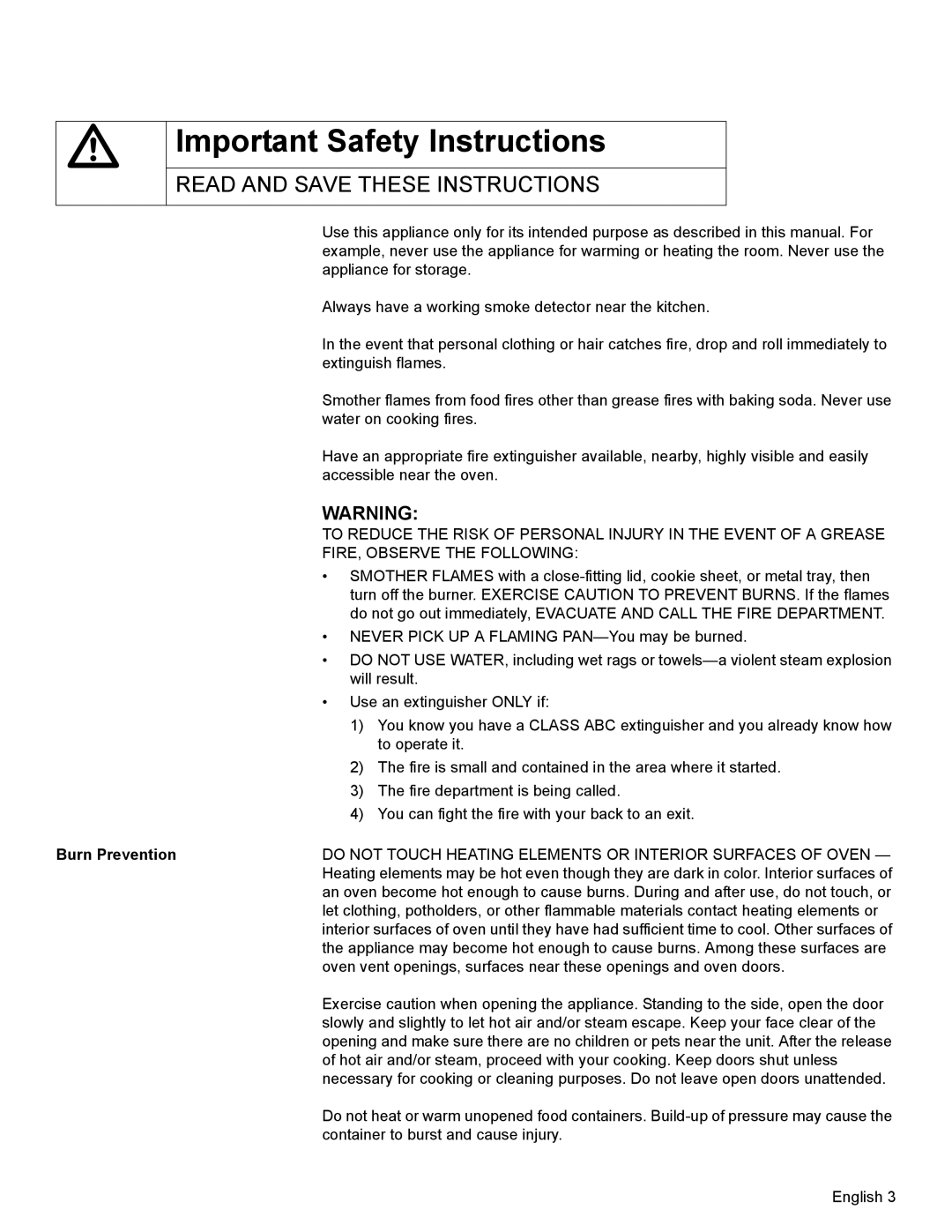 Bosch Appliances HBN34, HBL35, HBN35 manual Burn Prevention, Do not Touch Heating Elements or Interior Surfaces of Oven 