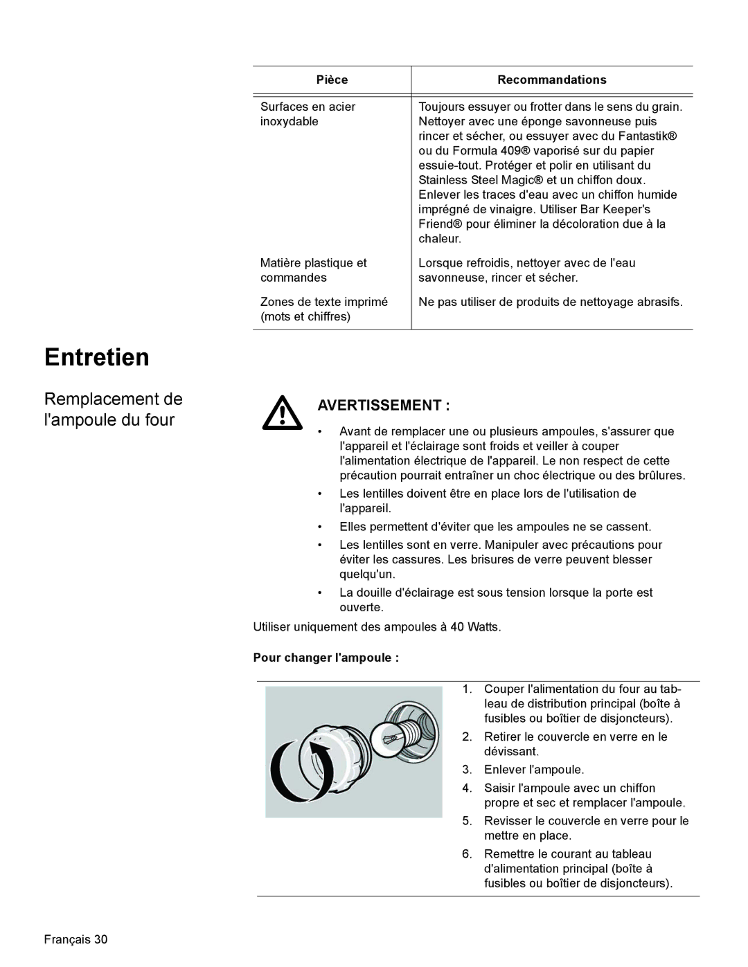 Bosch Appliances HBN34, HBL35, HBN35 manual Entretien, Remplacement de lampoule du four, Pour changer lampoule 