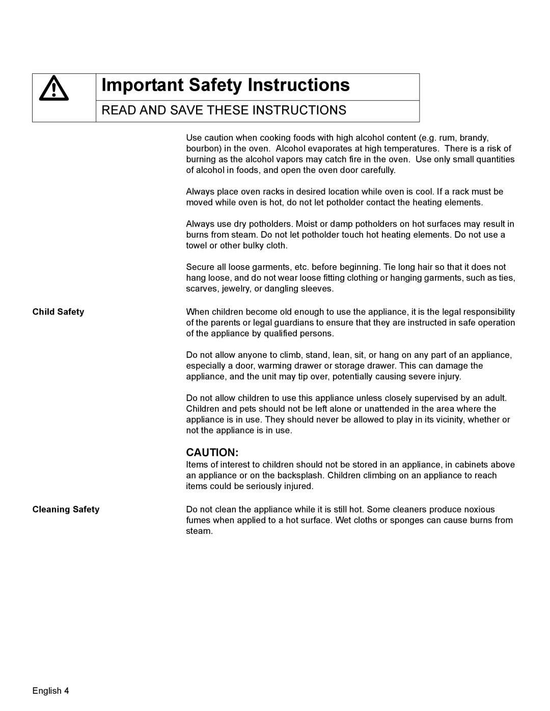 Bosch Appliances HBL35, HBN34, HBN35 manual Child Safety, Cleaning Safety 