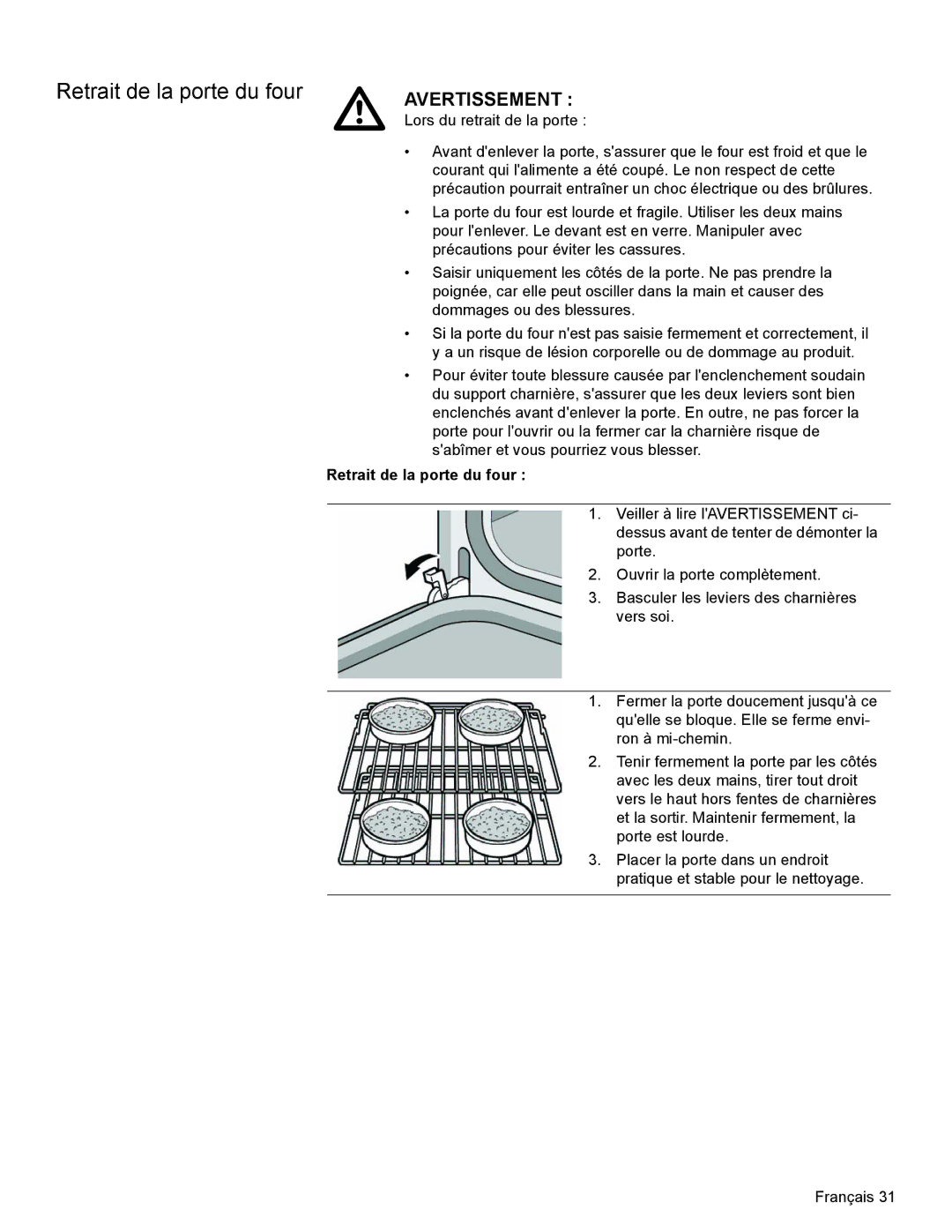 Bosch Appliances HBL35, HBN34, HBN35 manual Retrait de la porte du four 