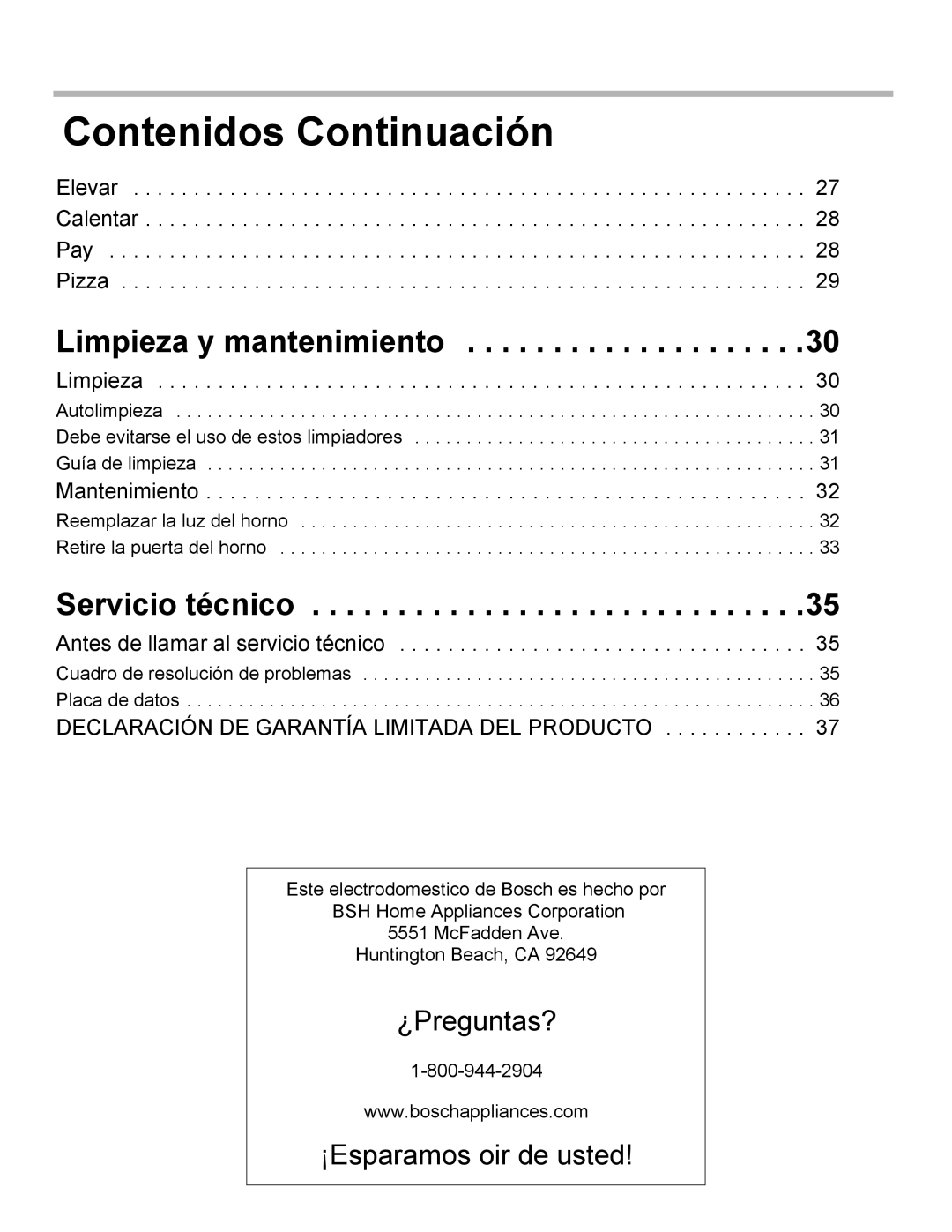 Bosch Appliances HBL35, HBN34, HBN35 manual Contenidos Continuación, Limpieza y mantenimiento, Servicio técnico 