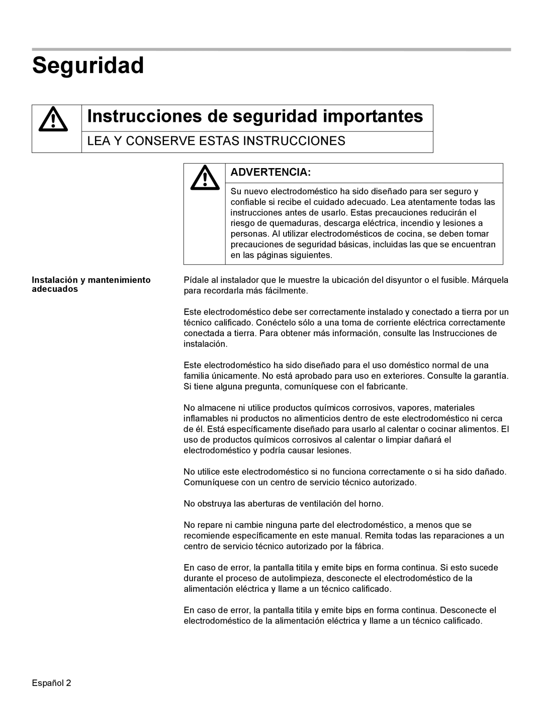 Bosch Appliances HBN34, HBL35 Seguridad, Instrucciones de seguridad importantes, Instalación y mantenimiento adecuados 