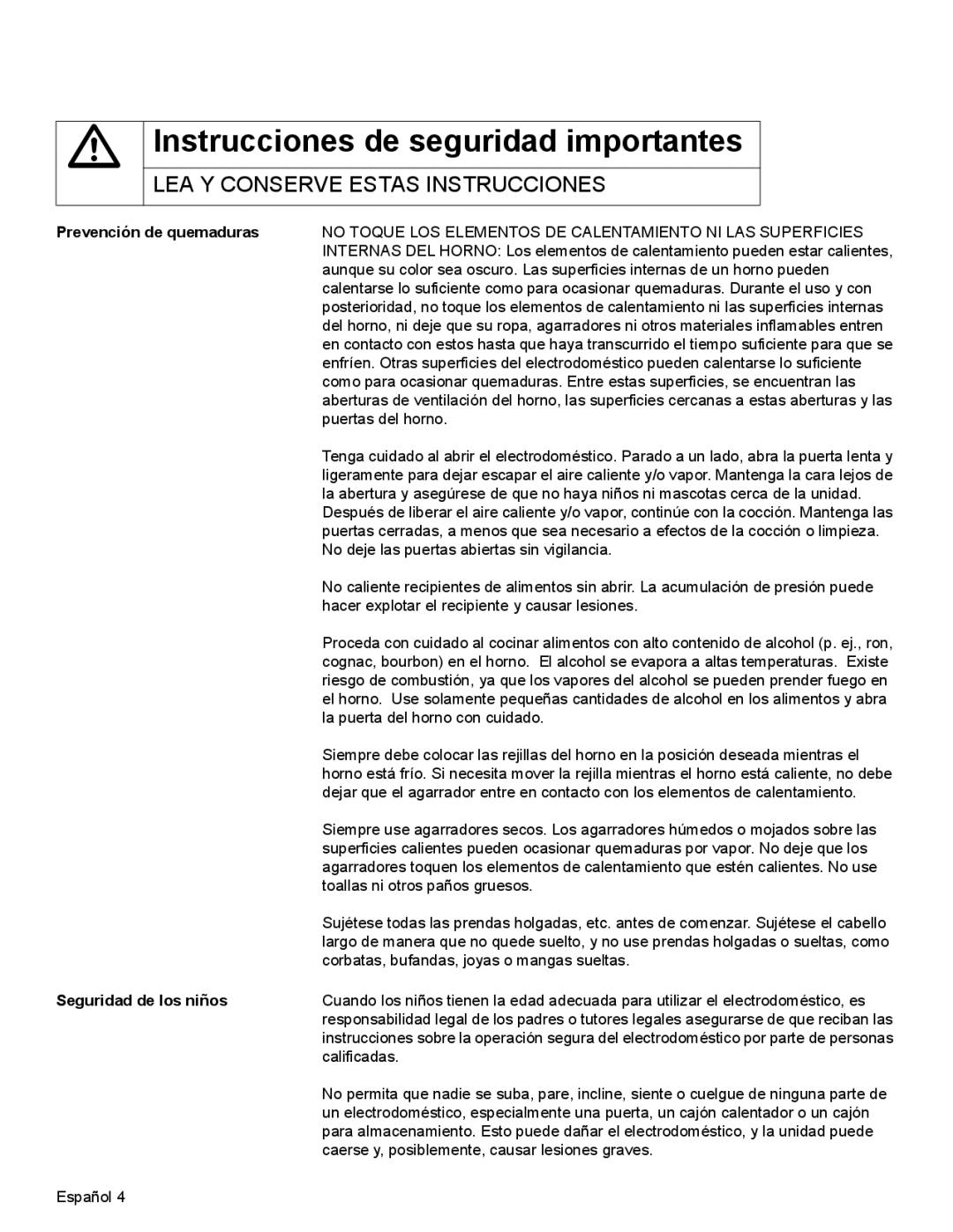 Bosch Appliances HBN35, HBN34, HBL35 manual Prevención de quemaduras, Seguridad de los niños 