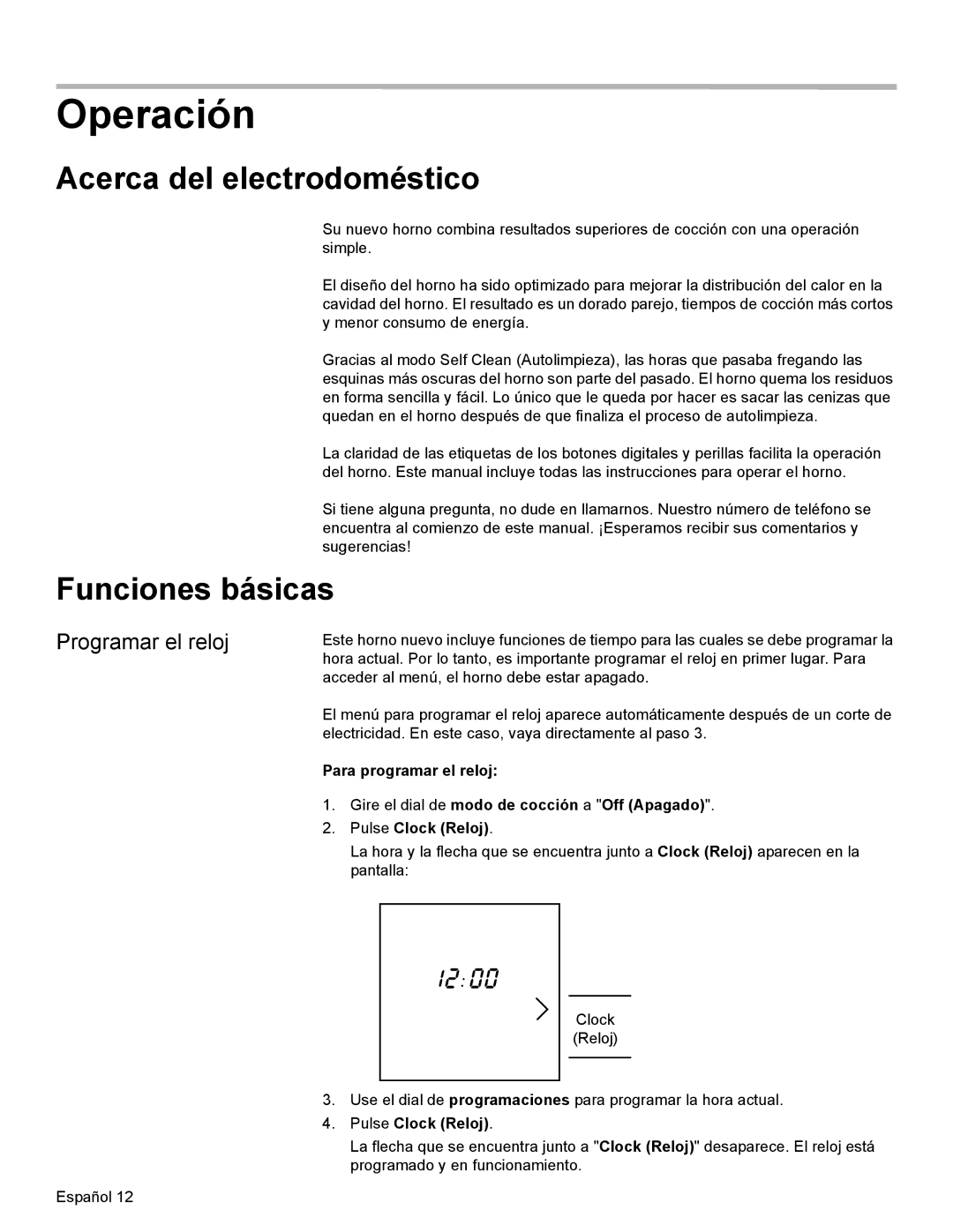 Bosch Appliances HBL35, HBN34, HBN35 manual Operación, Acerca del electrodoméstico, Funciones básicas, Programar el reloj 