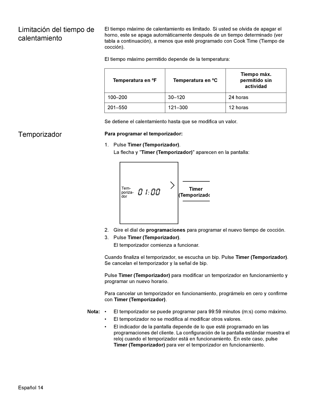 Bosch Appliances HBN34, HBL35, HBN35 manual Limitación del tiempo de calentamiento, Temporizador, Tiempo máx 