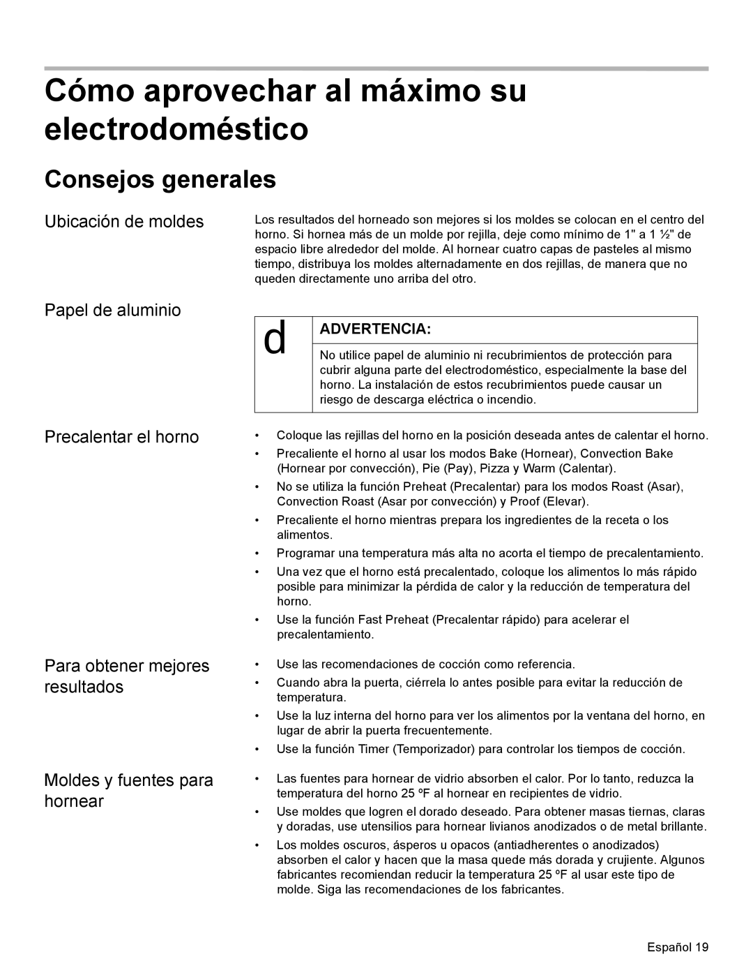 Bosch Appliances HBN35, HBN34, HBL35 Cómo aprovechar al máximo su electrodoméstico, Consejos generales, Ubicación de moldes 