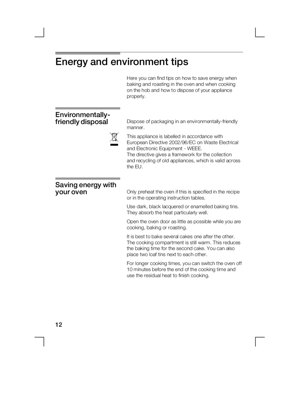 Bosch Appliances HCE744250R Energy and environment tips, Environmentally friendly disposal, Saving energy with your oven 