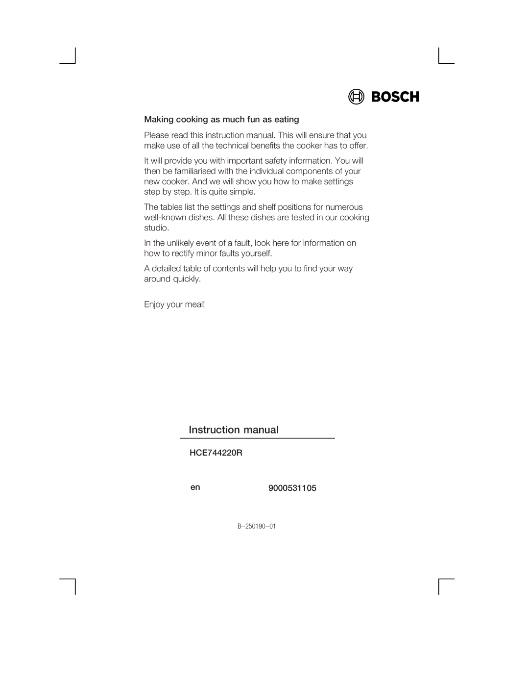 Bosch Appliances HCE744250R manual 250190-01 