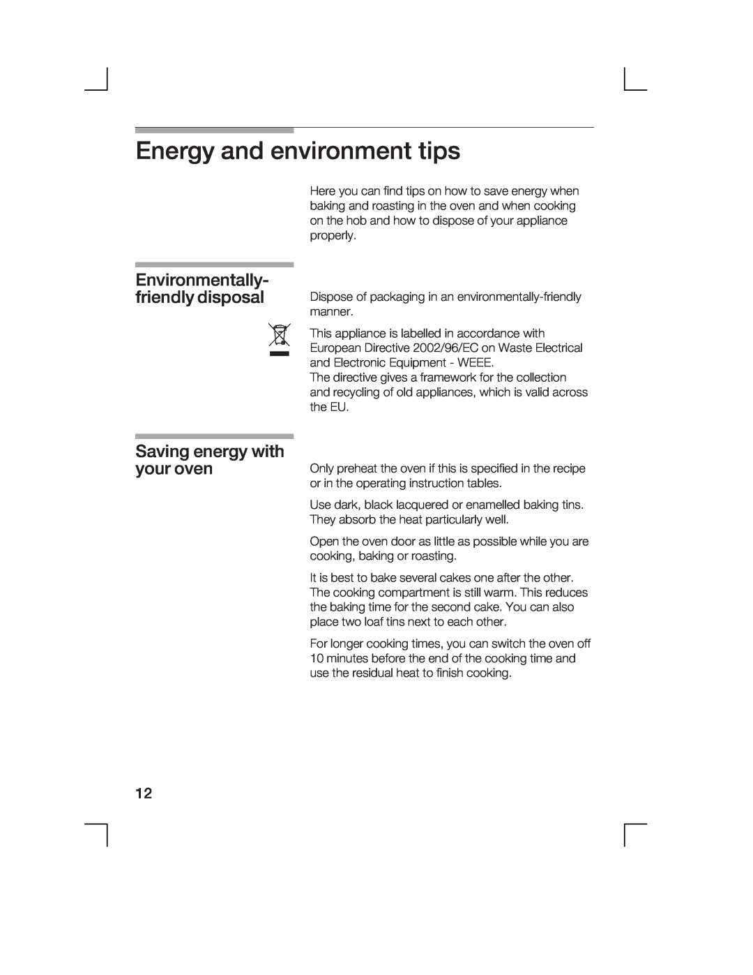 Bosch Appliances HCE744250R Energy and environment tips, Environmentally friendly disposal, Saving energy with your oven 