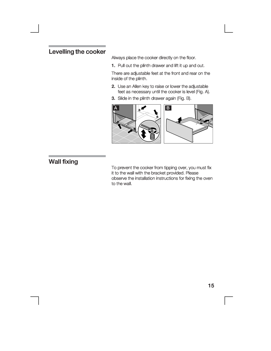 Bosch Appliances HCE744250R manual Levelling the cooker, Wall fixing 