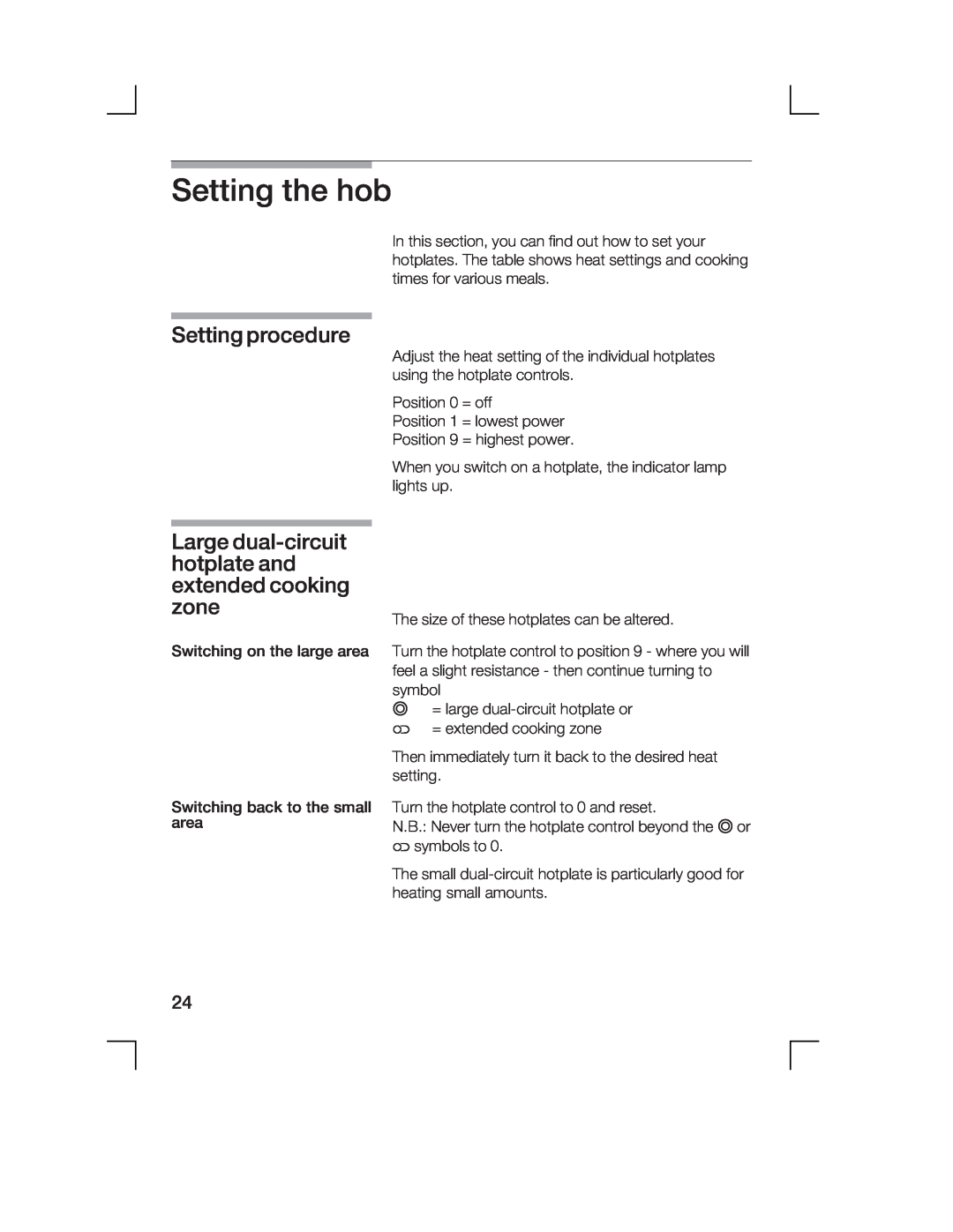 Bosch Appliances HCE744250R manual Setting, procedure, Large, dualcircuit, hotplate and, extended, zone, cooking 