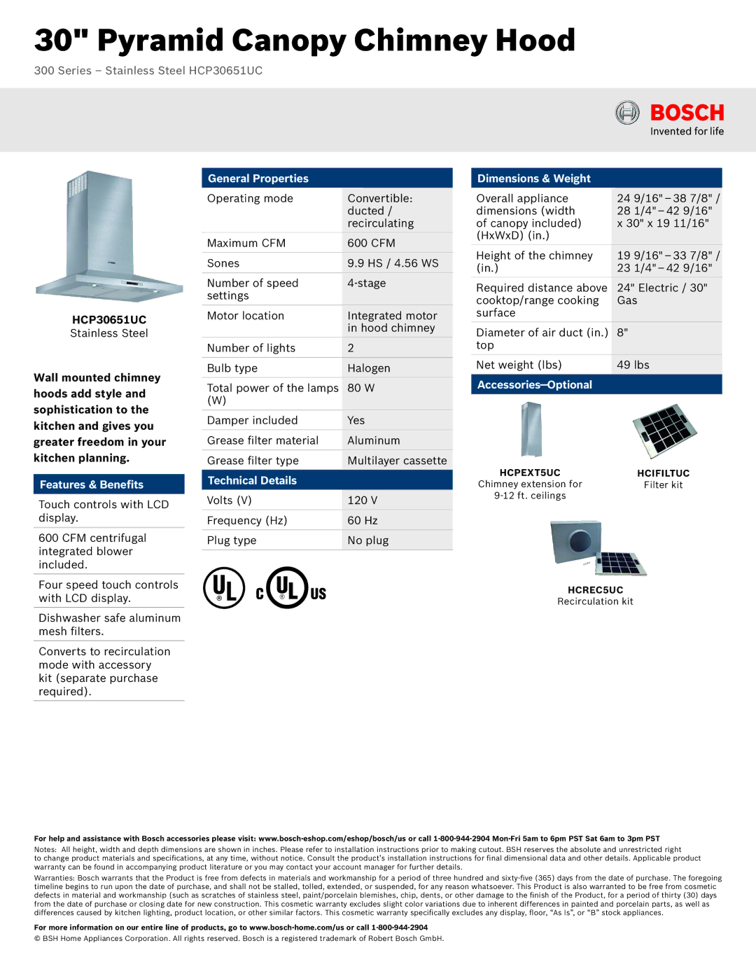 Bosch Appliances HCP30651UC dimensions Features & Benefits, General Properties, Technical Details, Dimensions & Weight 