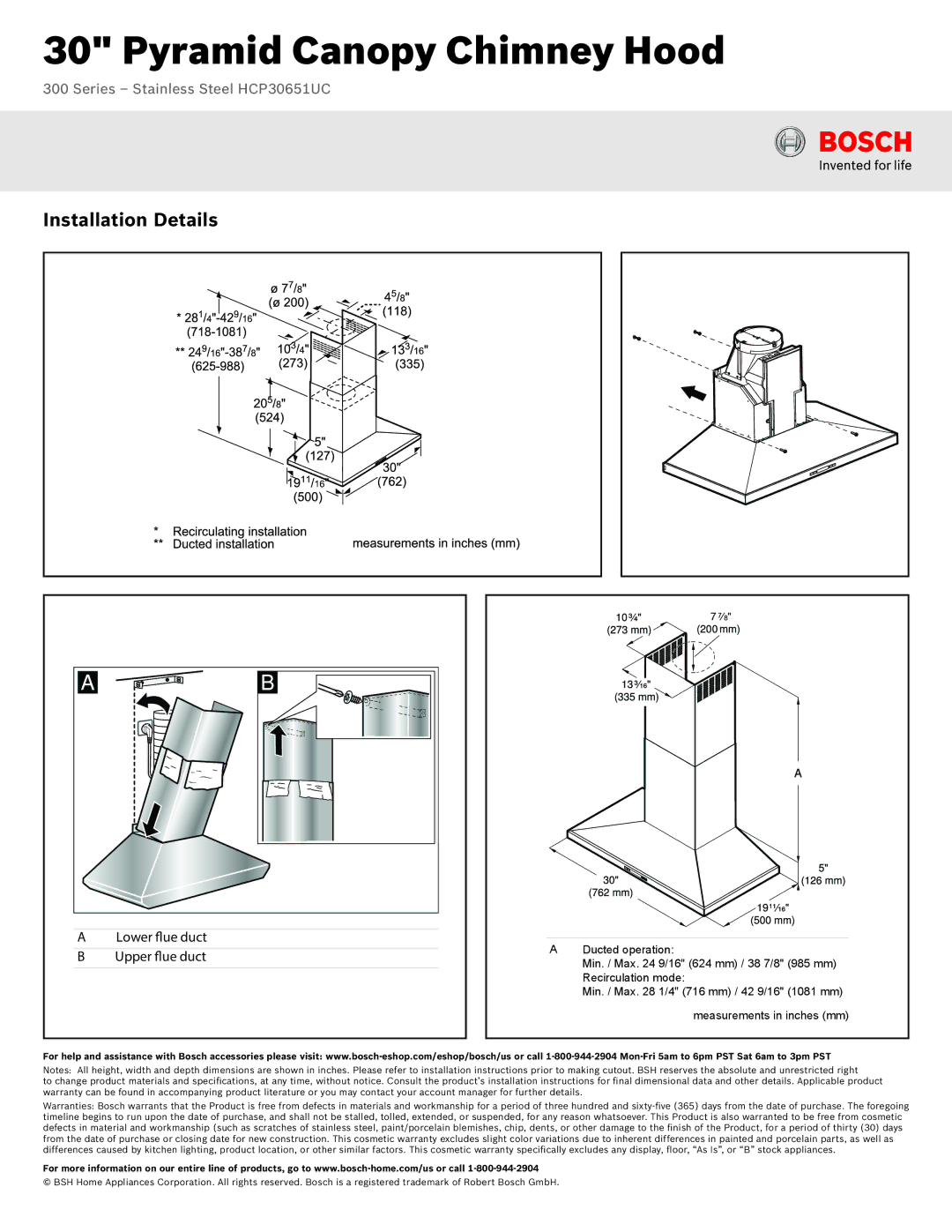 Bosch Appliances HCP30651UC dimensions Ducted operation, Min. / Max 16 624 mm / 38 7/8 985 mm Recirculation mode 