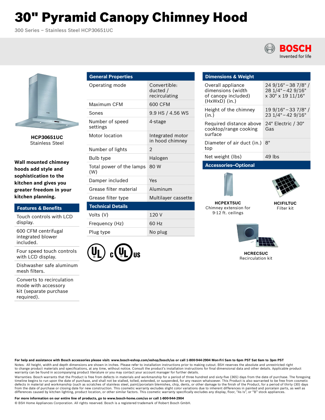 Bosch Appliances dimensions Pyramid Canopy Chimney Hood, Series – Stainless Steel HCP30651UC, Features & Benefits 