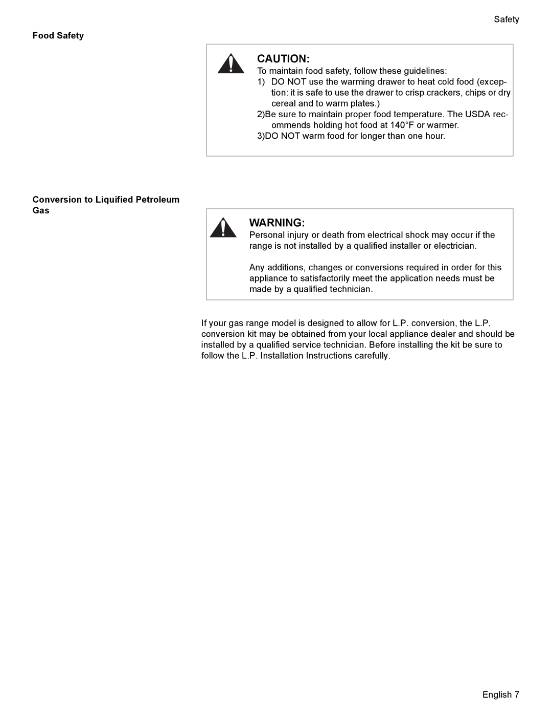 Bosch Appliances HDI7282U manual Food Safety, Conversion to Liquified Petroleum Gas 