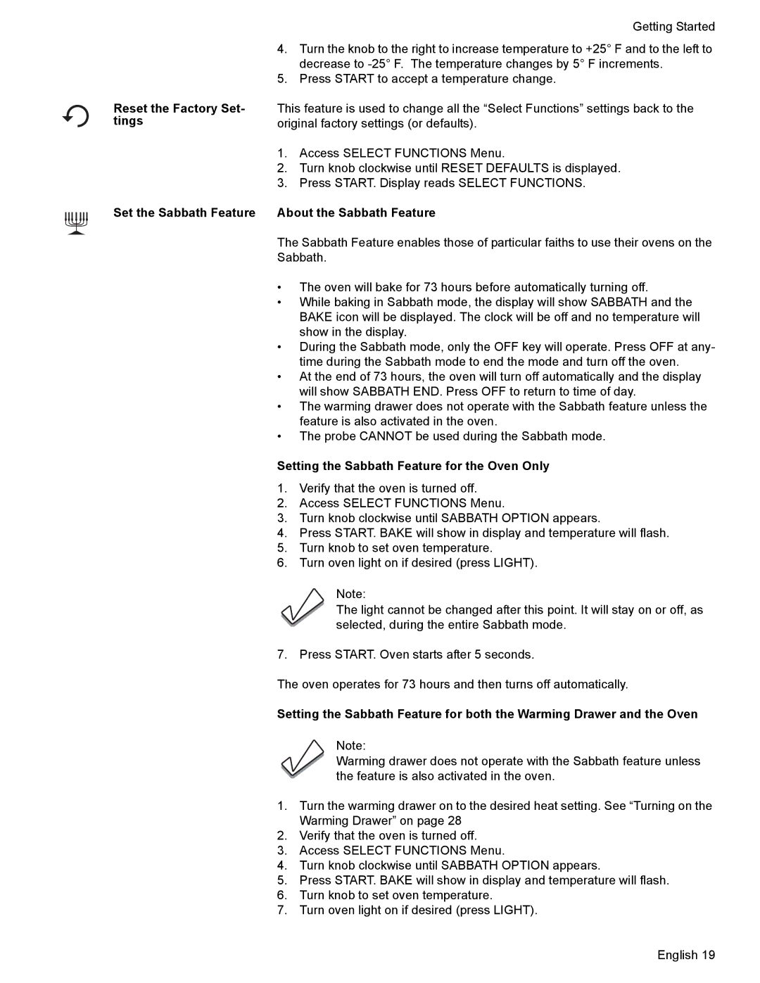 Bosch Appliances HDI7282U manual Reset the Factory Set- tings Set the Sabbath Feature, About the Sabbath Feature 