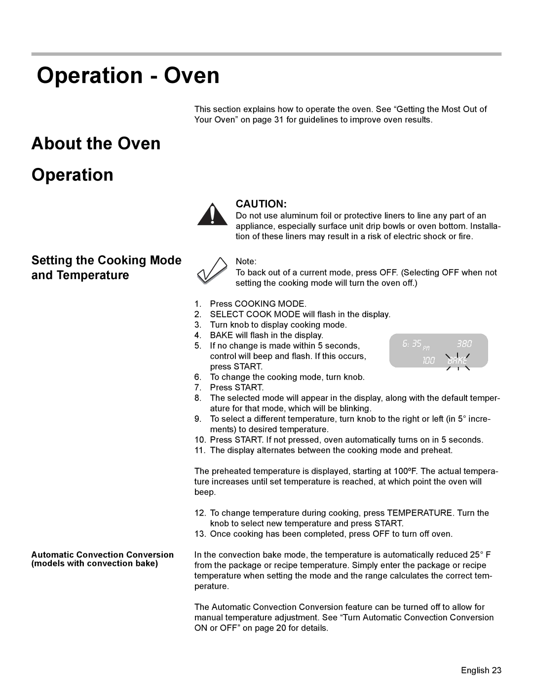 Bosch Appliances HDI7282U manual Operation Oven, About the Oven Operation, Setting the Cooking Mode and Temperature 