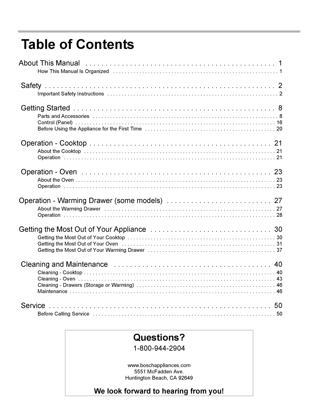 Bosch Appliances HDI7282U manual Table of Contents 