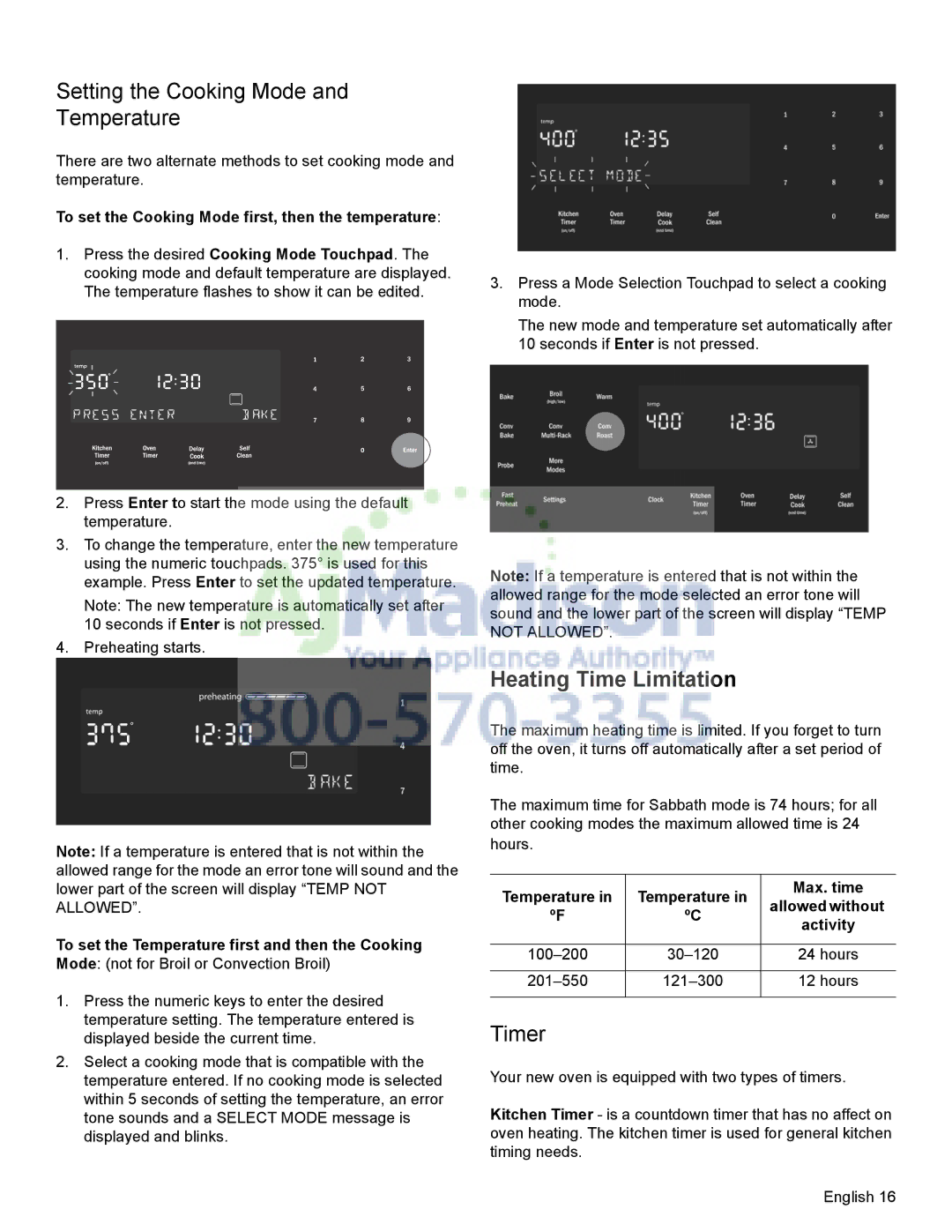 Bosch Appliances HDI8054U manual Setting the Cooking Mode Temperature, Heating Time Limitation, Timer 