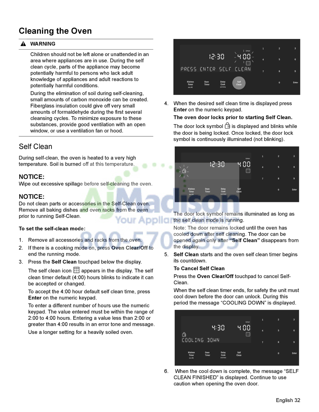 Bosch Appliances HDI8054U manual To set the self-clean mode, To Cancel Self Clean 