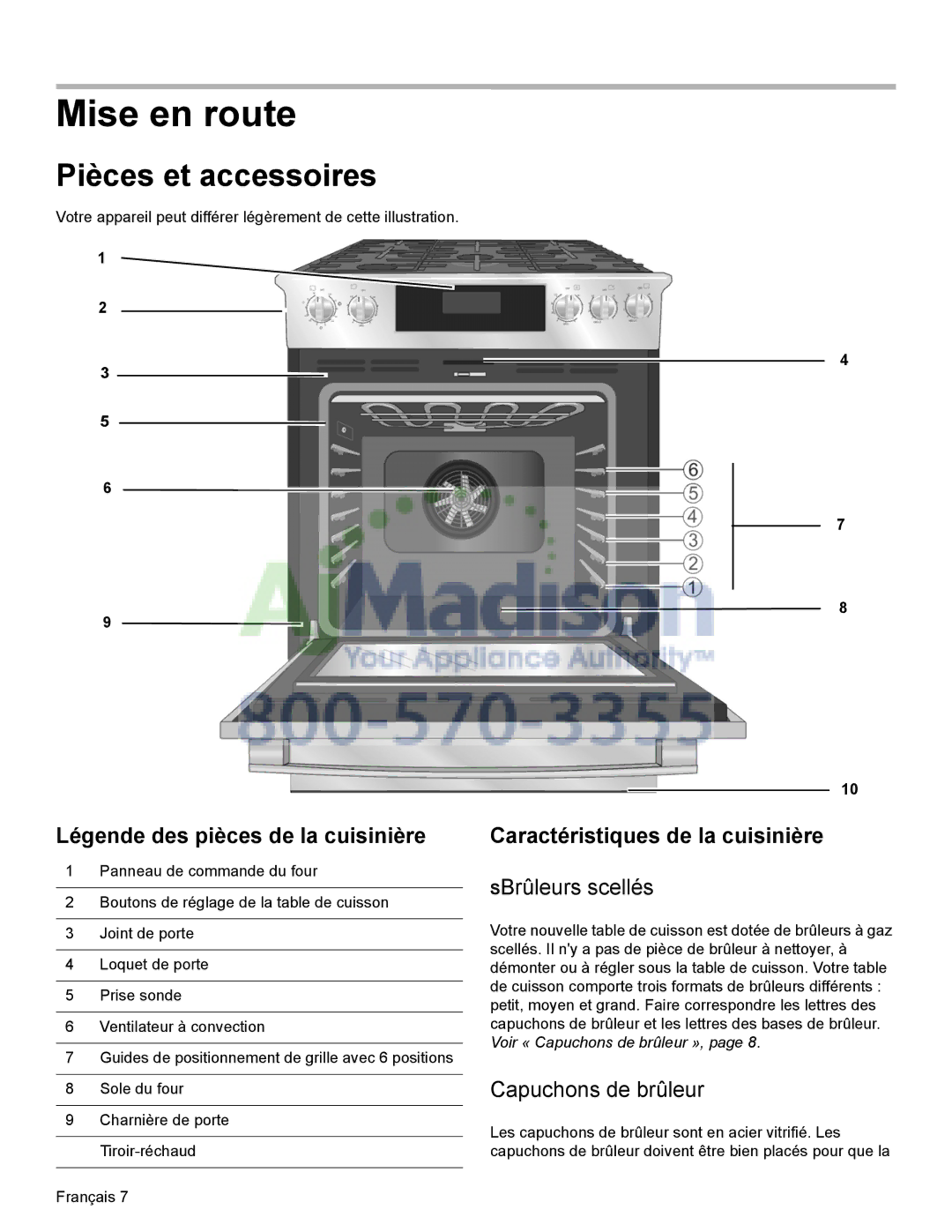 Bosch Appliances HDI8054U manual Mise en route, Pièces et accessoires, Légende des pièces de la cuisinière 