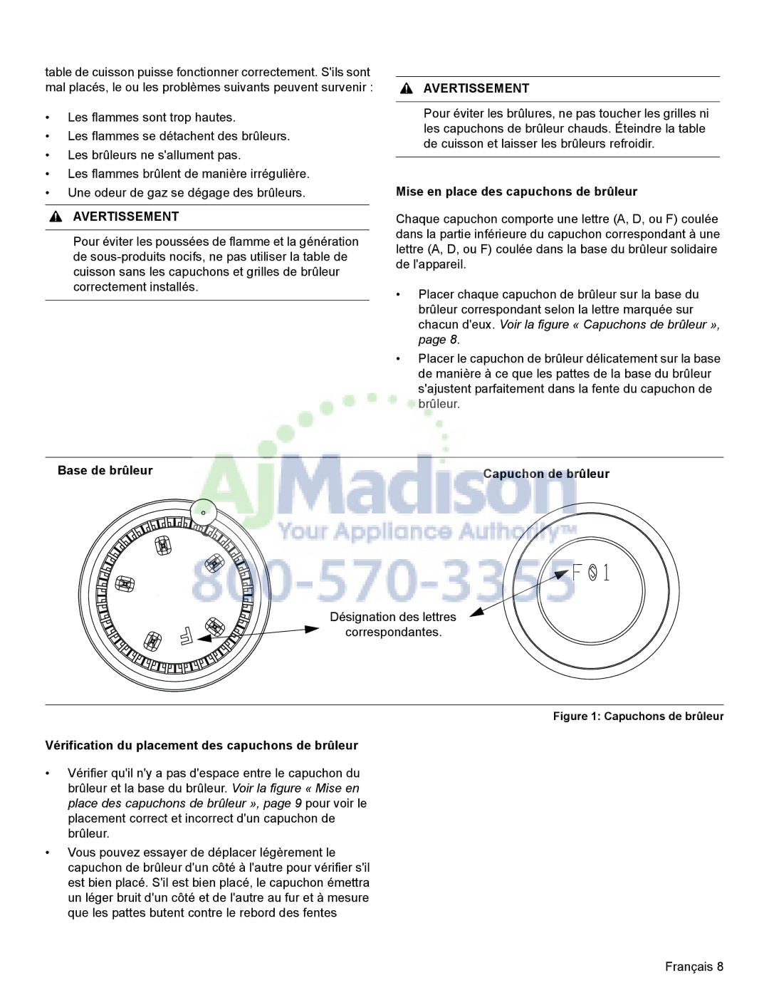 Bosch Appliances HDI8054U manual Mise en place des capuchons de brûleur, Base de brûleur Capuchon de brûleur 