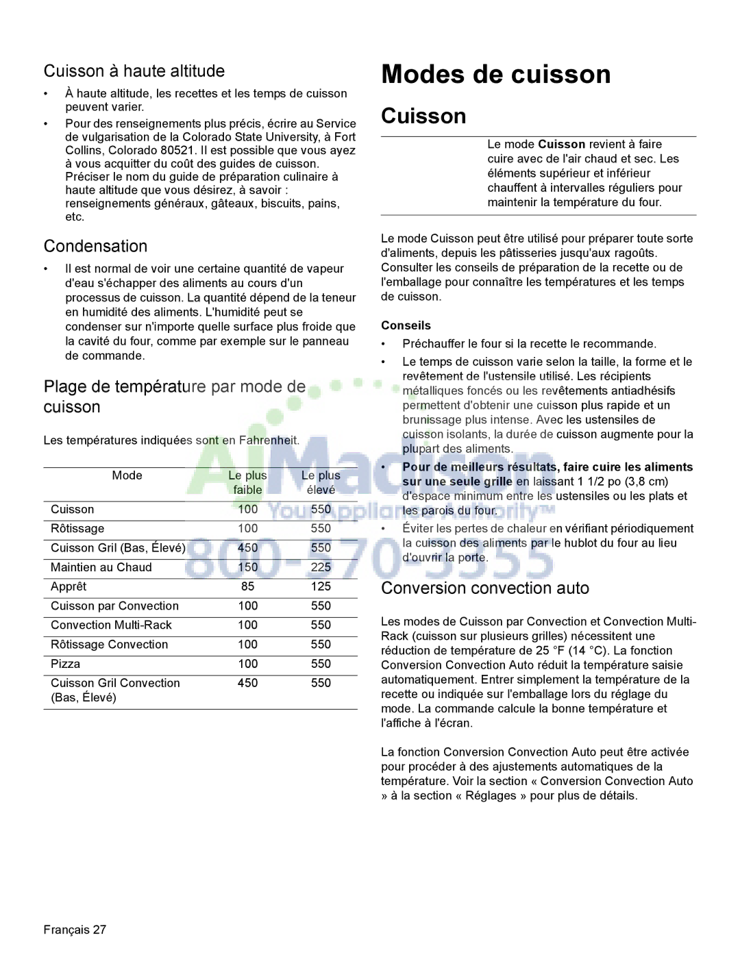 Bosch Appliances HDI8054U manual Cuisson à haute altitude, Plage de température par mode de cuisson, Conseils 