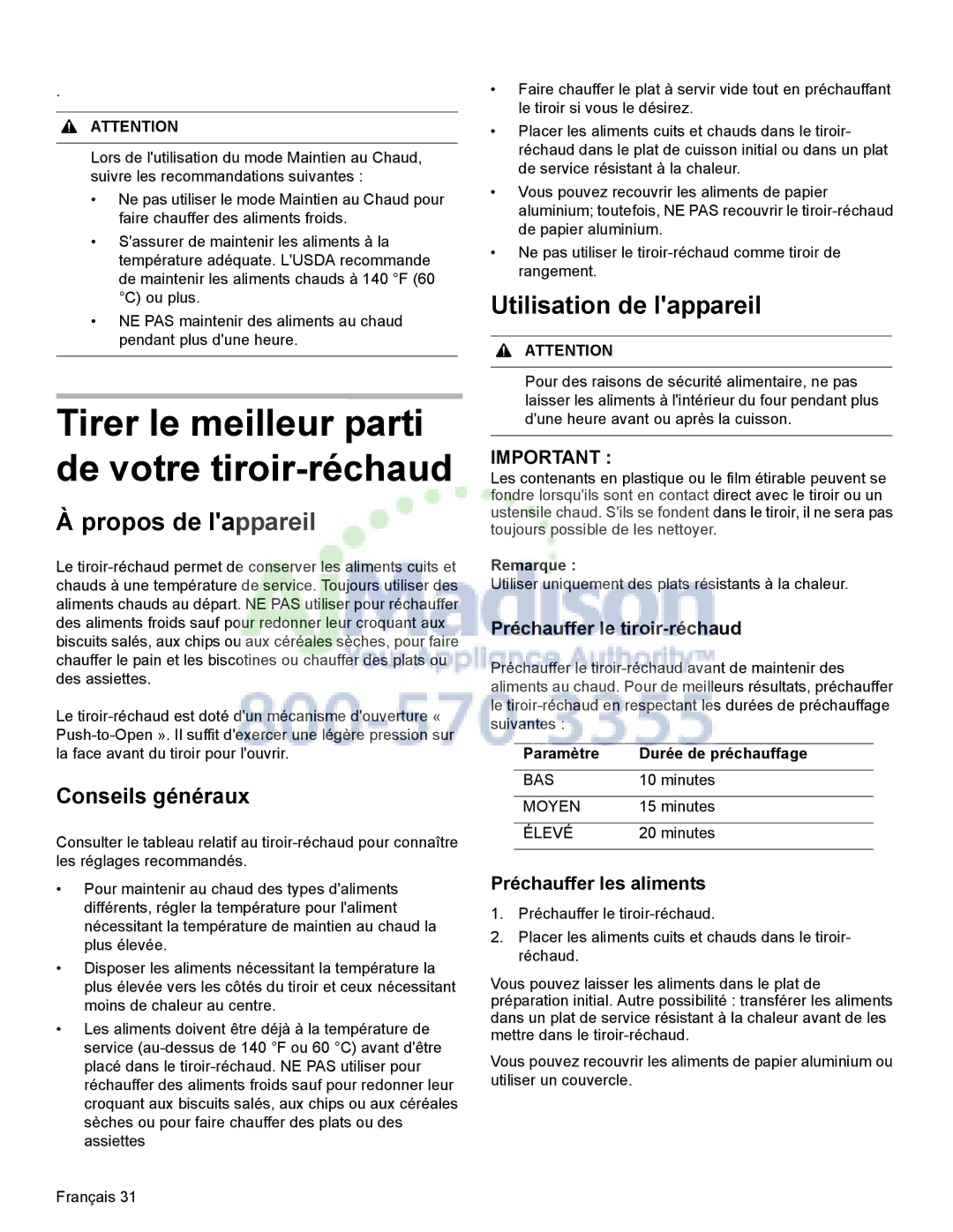 Bosch Appliances HDI8054U manual Conseils généraux, Paramètre 