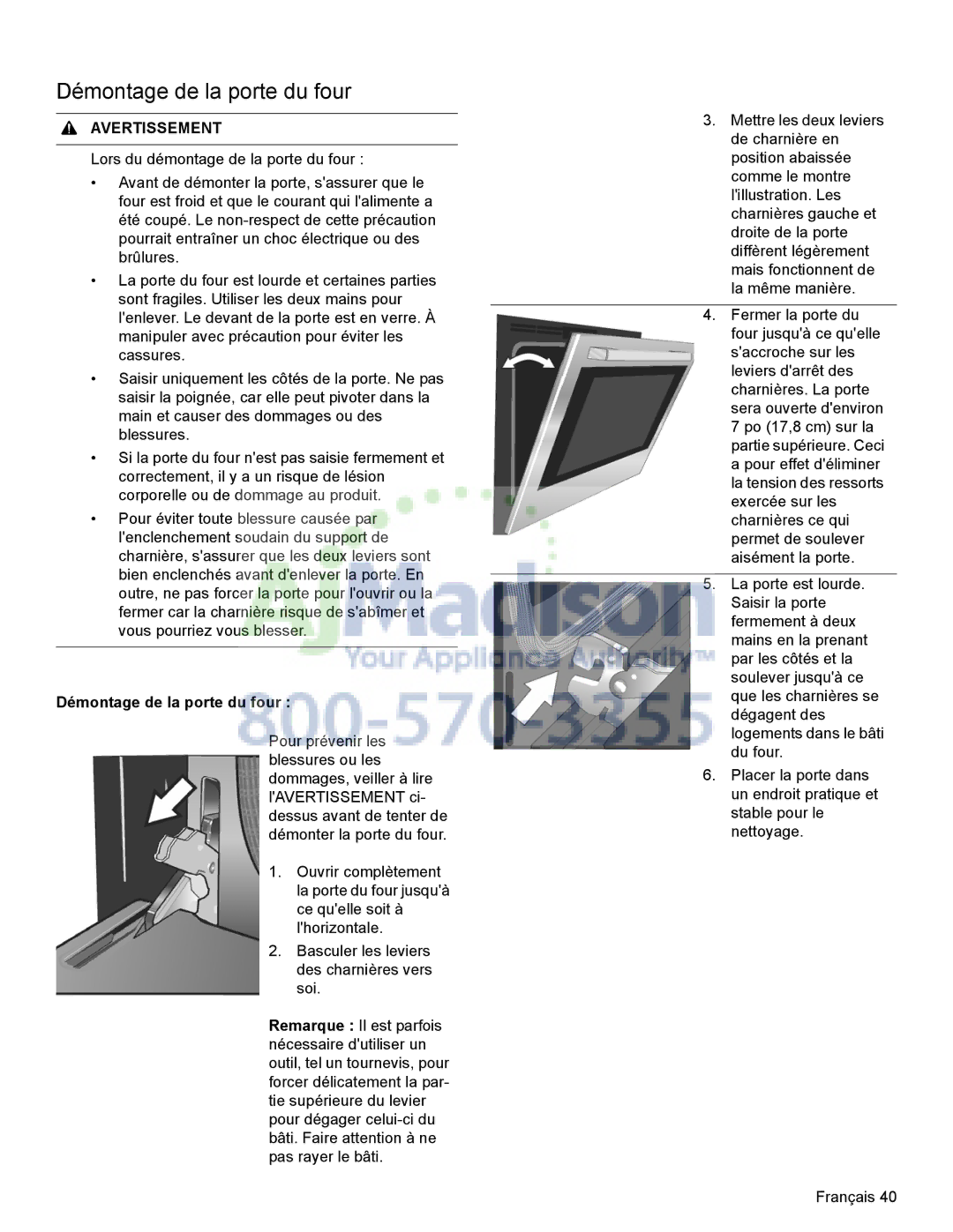 Bosch Appliances HDI8054U manual Démontage de la porte du four 