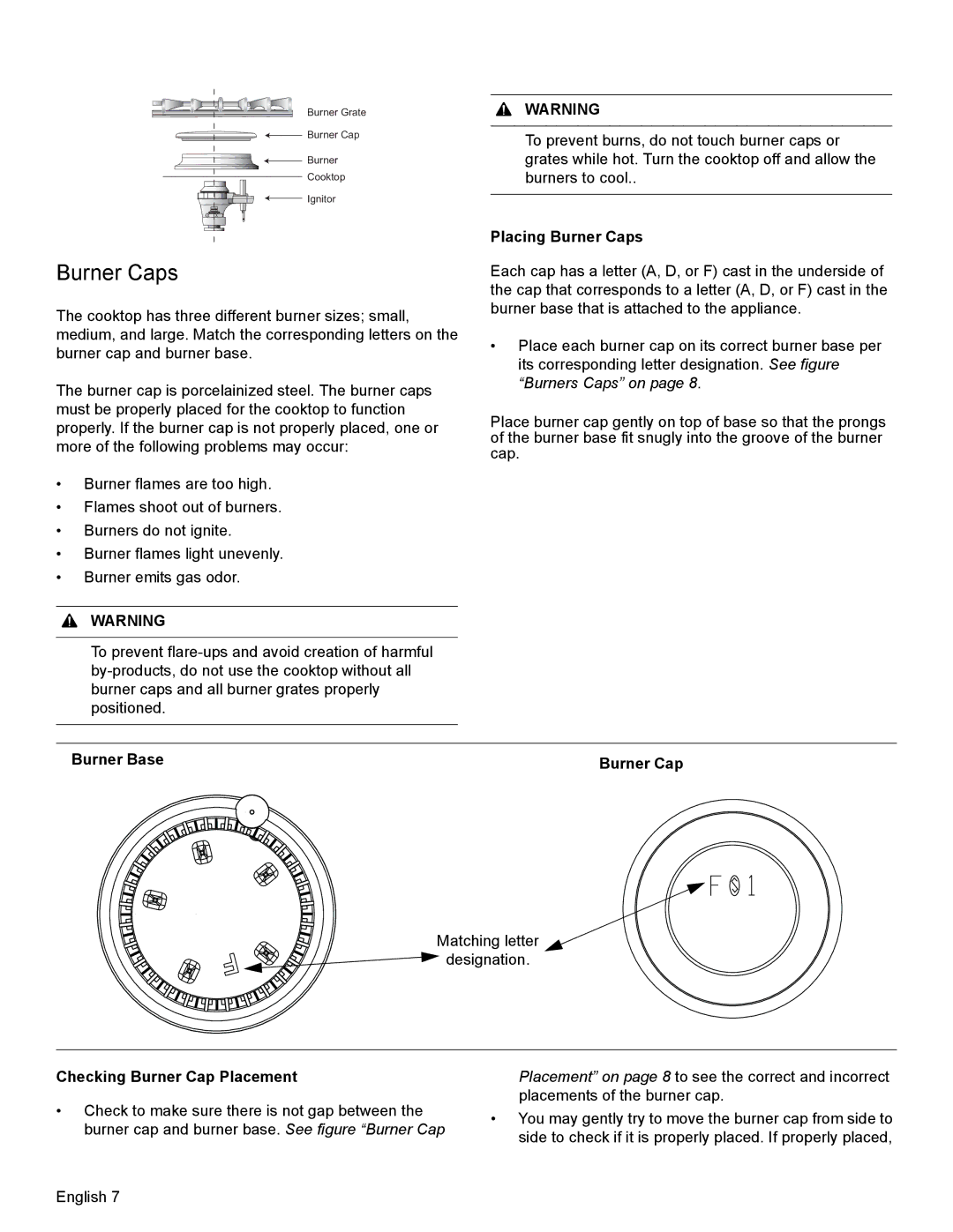 Bosch Appliances HDI8054U manual Placing Burner Caps, Burner Base Burner Cap 