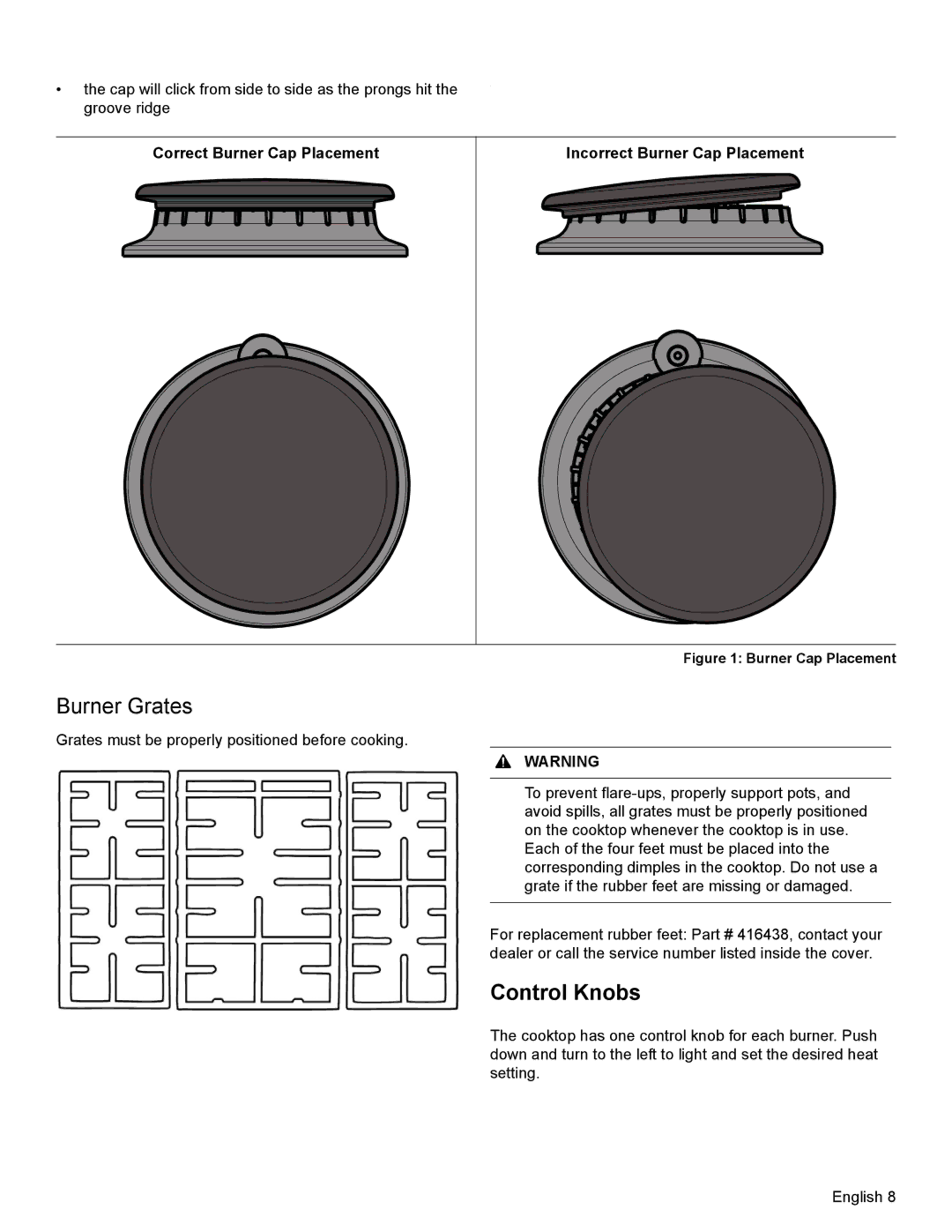 Bosch Appliances HDI8054U manual Burner Grates, Control Knobs, Correct Burner Cap Placement 