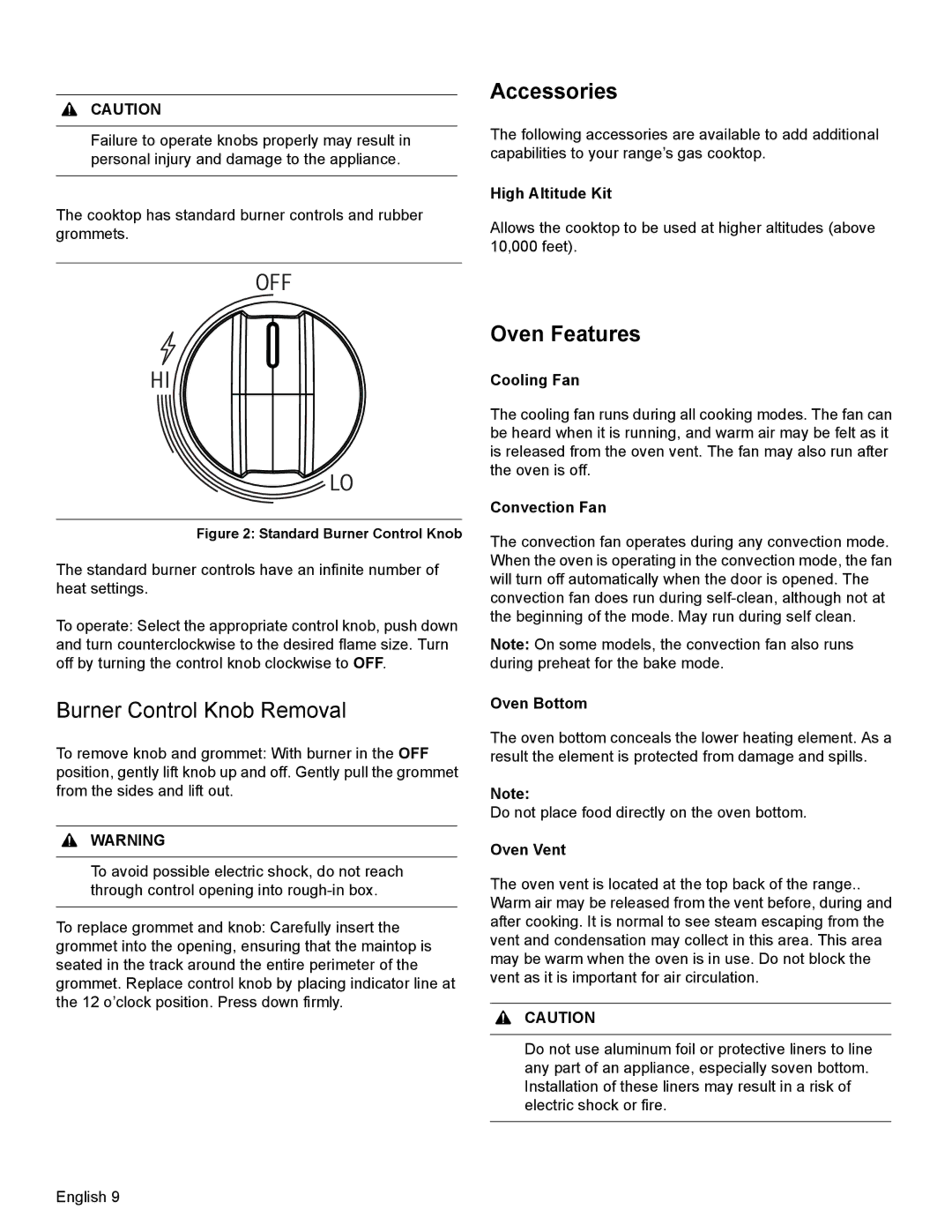 Bosch Appliances HDI8054U manual Accessories, Burner Control Knob Removal, Oven Features 