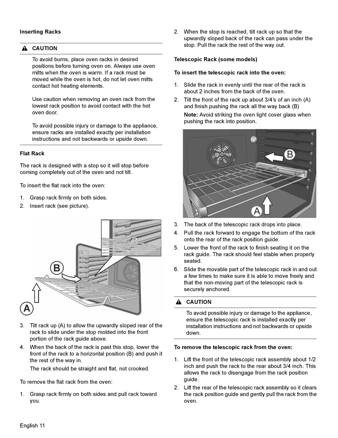 Bosch Appliances HDI8054U manual Inserting Racks, To remove the telescopic rack from the oven 