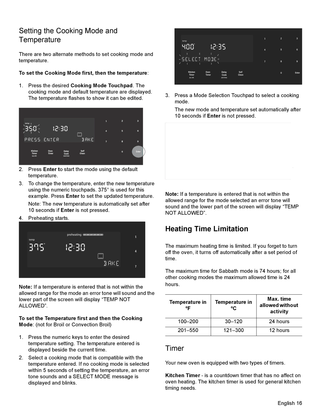 Bosch Appliances HDI8054U manual Setting the Cooking Mode Temperature, Heating Time Limitation, Timer 