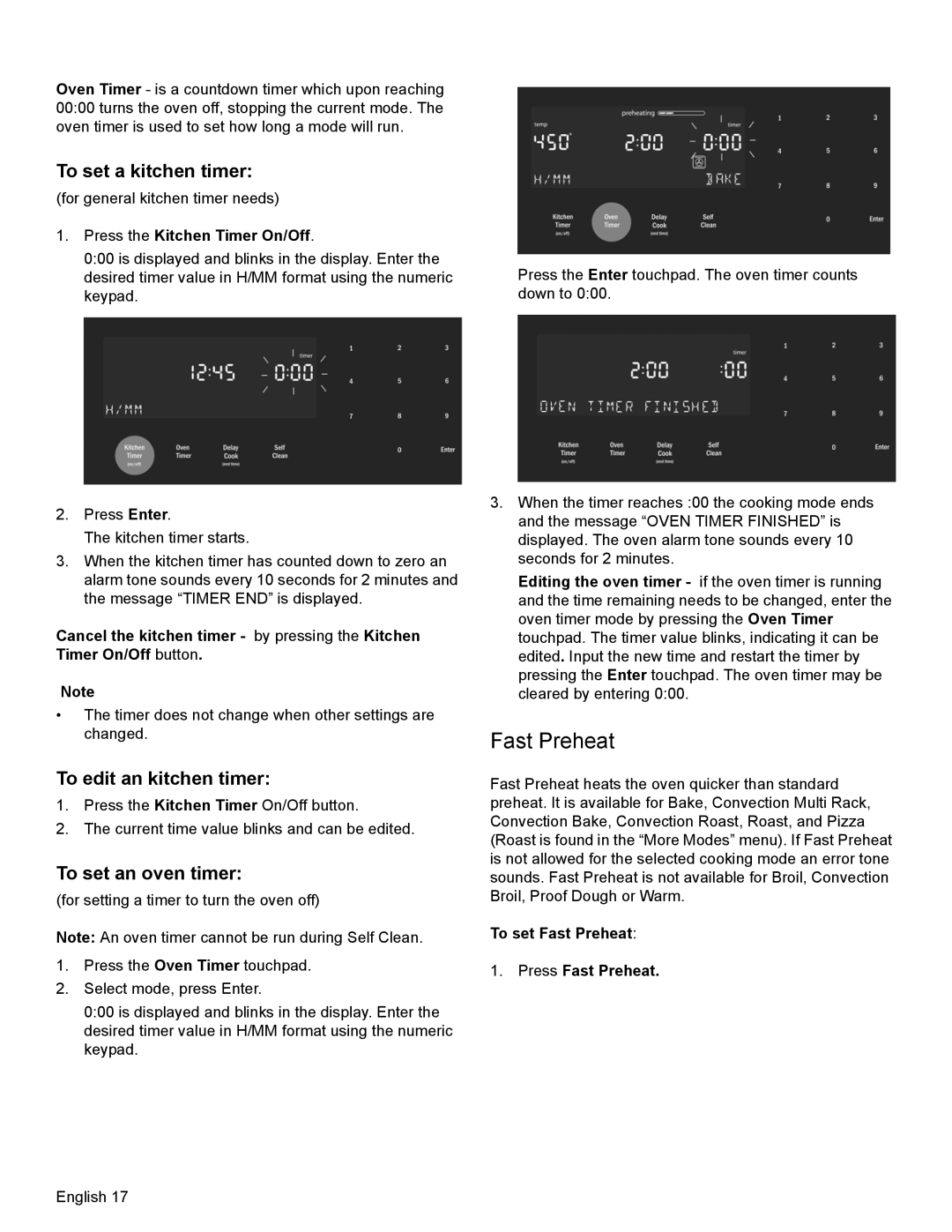 Bosch Appliances HDI8054U manual Press the Kitchen Timer On/Off, To set Fast Preheat Press Fast Preheat 