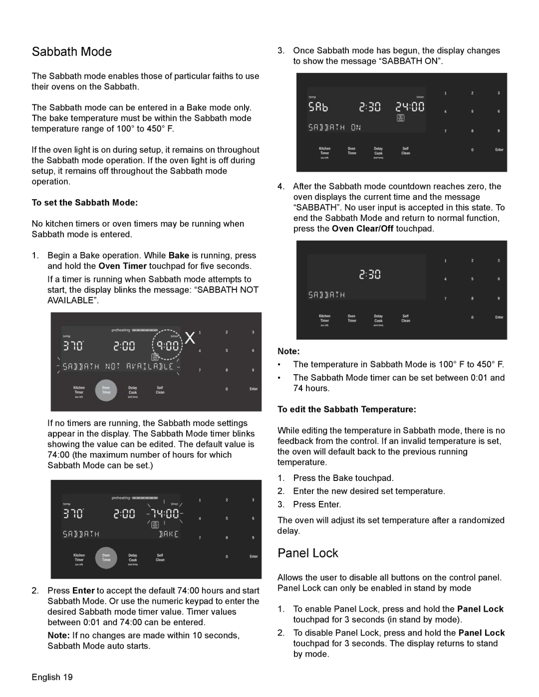 Bosch Appliances HDI8054U manual Panel Lock, To set the Sabbath Mode, To edit the Sabbath Temperature 