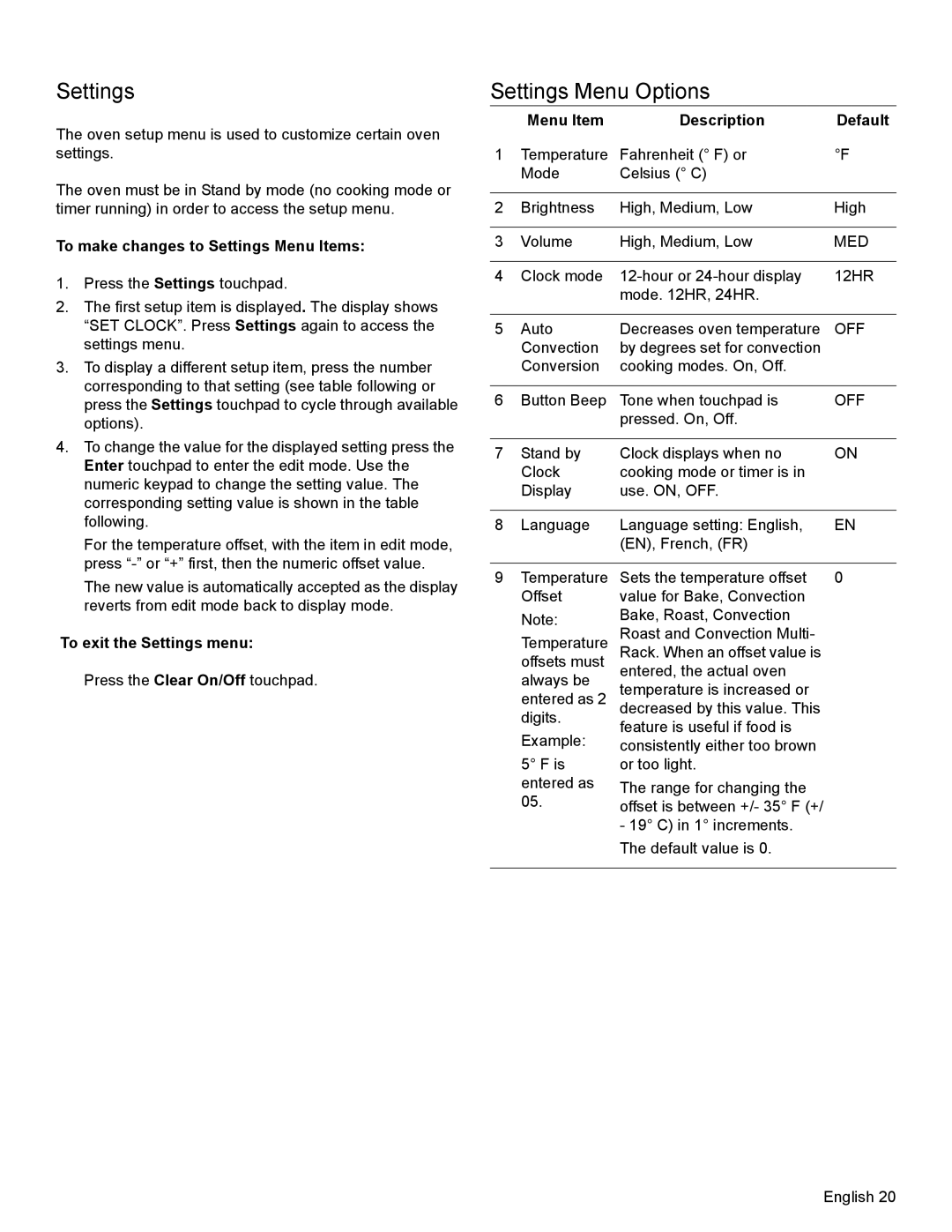 Bosch Appliances HDI8054U Settings Menu Options, To make changes to Settings Menu Items, To exit the Settings menu 